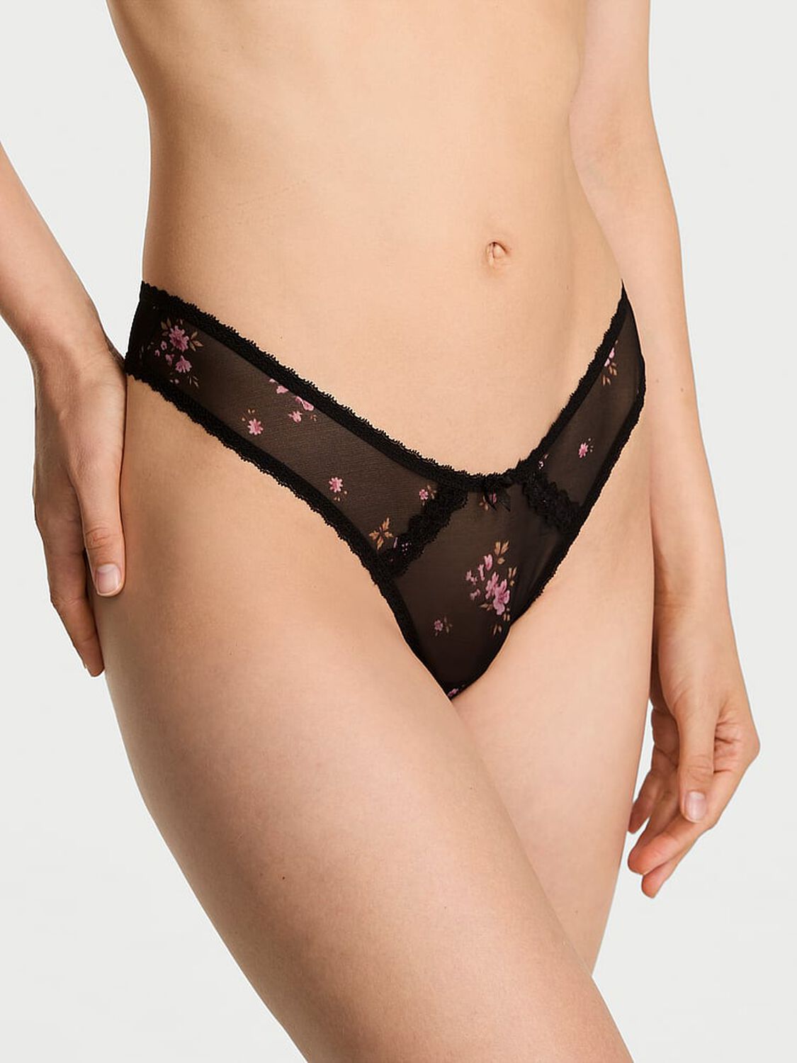 vs Dream Angels Sheer Lace-Trim Brazilian Panty Black Floral 1 of 2 
