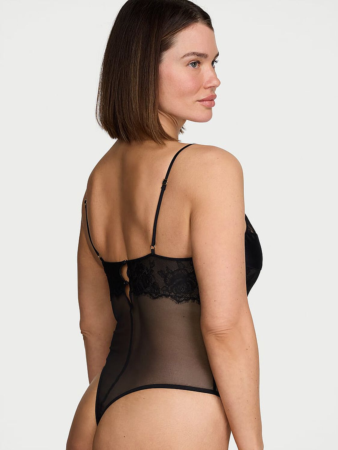 vs Very Sexy Rose Lace & Mesh Straight-Neck Bodysuit Black 2 of 3 