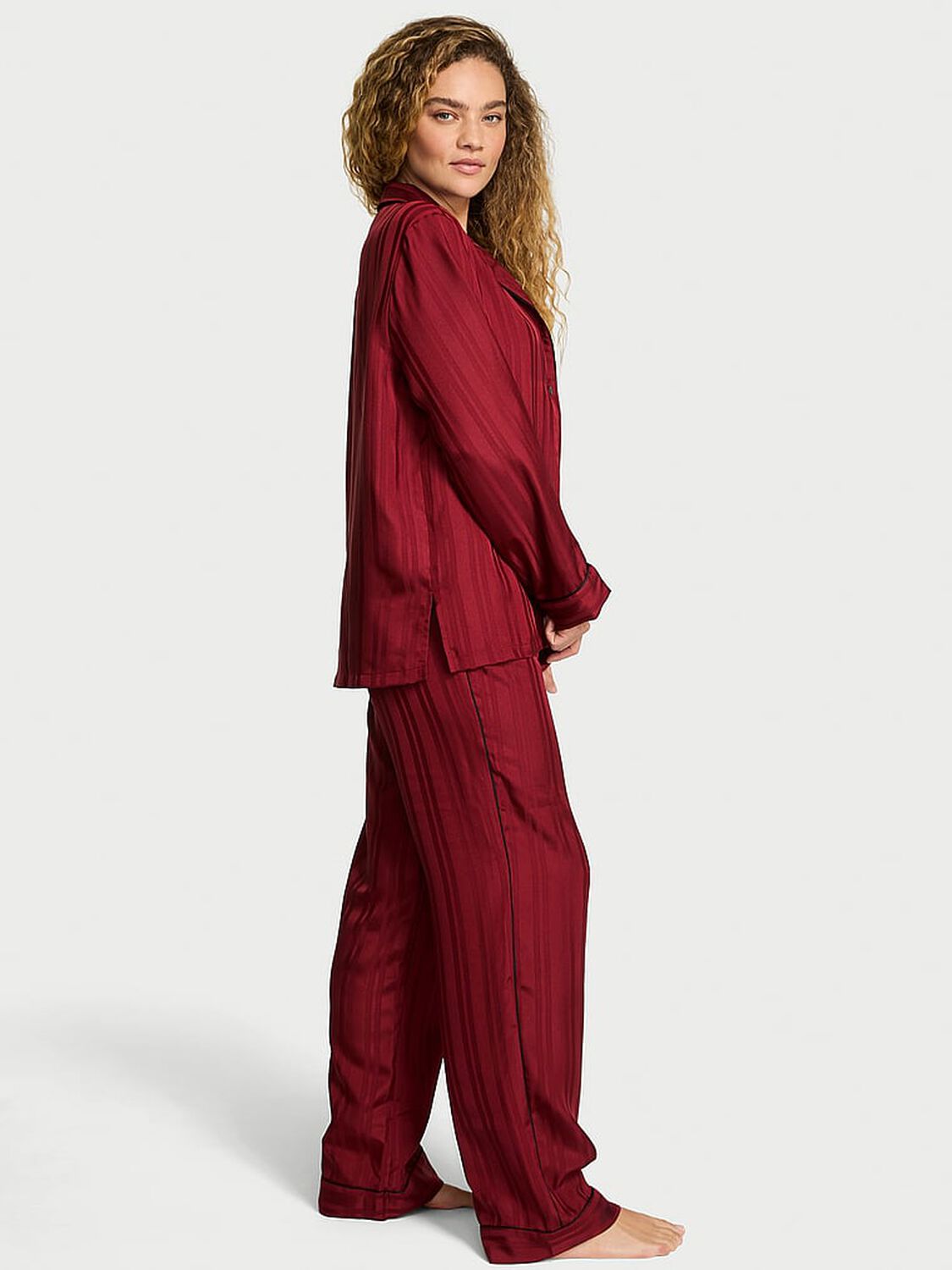 vs Victoria's Secret Glazed Satin Long Pajama Set Sangria Red Stripe Jacquard 1 of 3 
