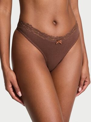 Body by Victoria Stretch Cotton Lace-Waist High-Leg Scoop Thong Panty