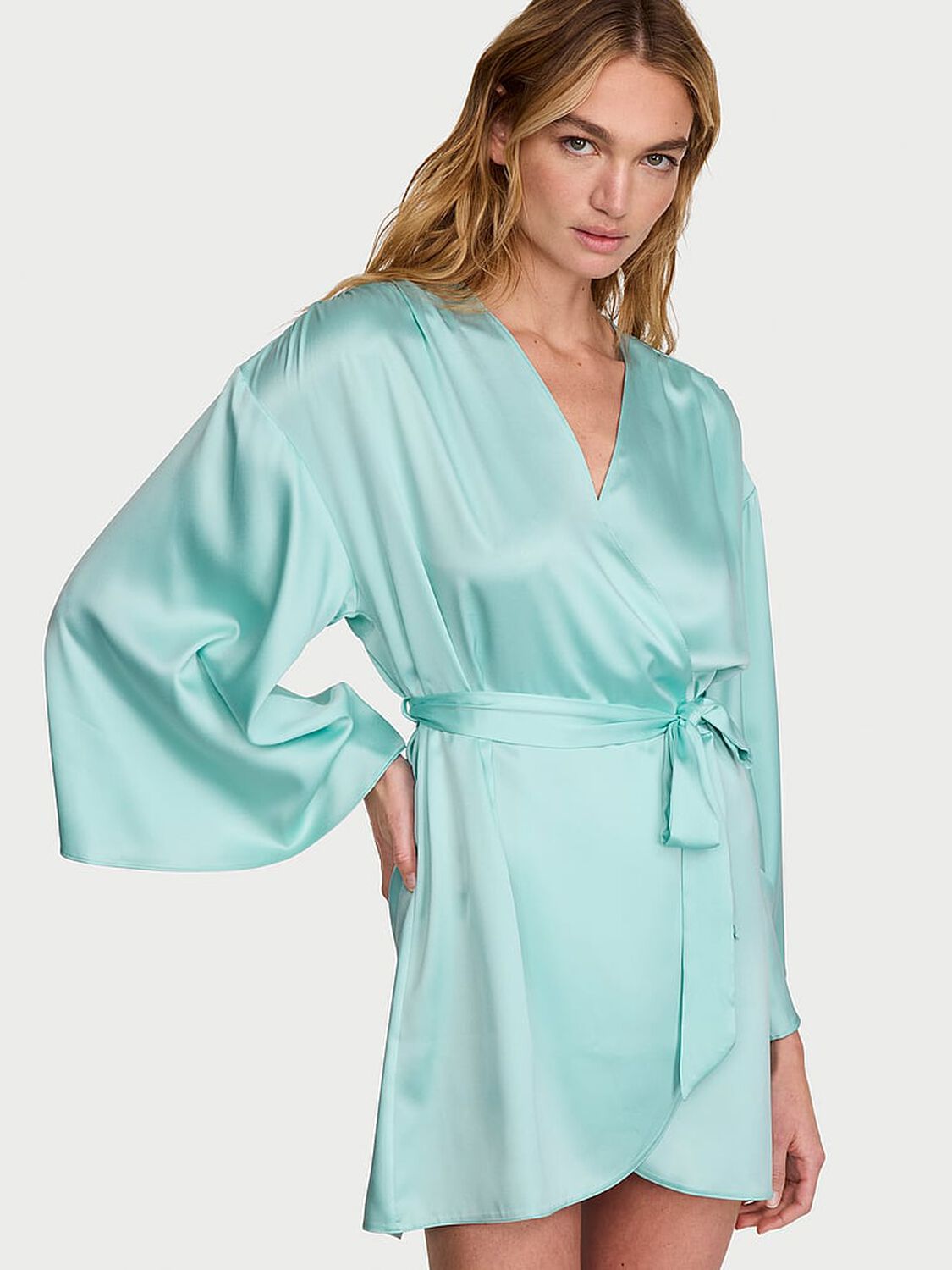 vs Victoria's Secret Satin Short Robe Canal Blue 1 of 3 