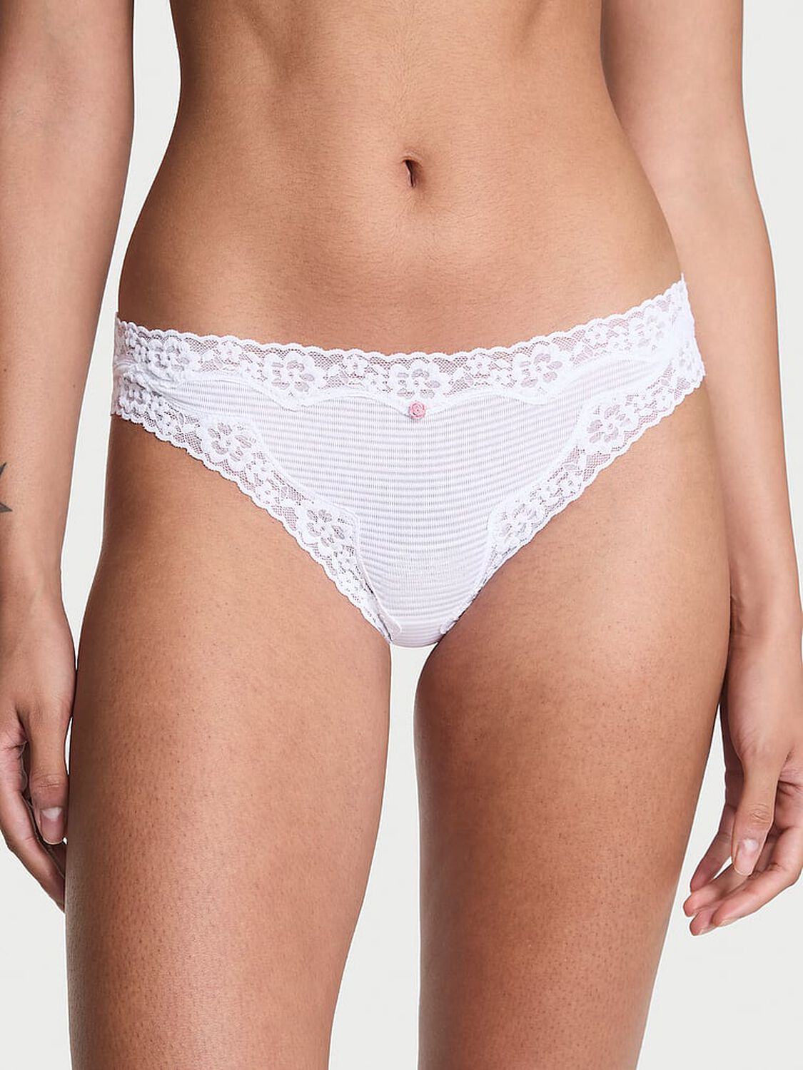 vs Lace Trim Cotton Shadow Stripe Lace-Waist Bikini Panty Vs White 1 of 3 