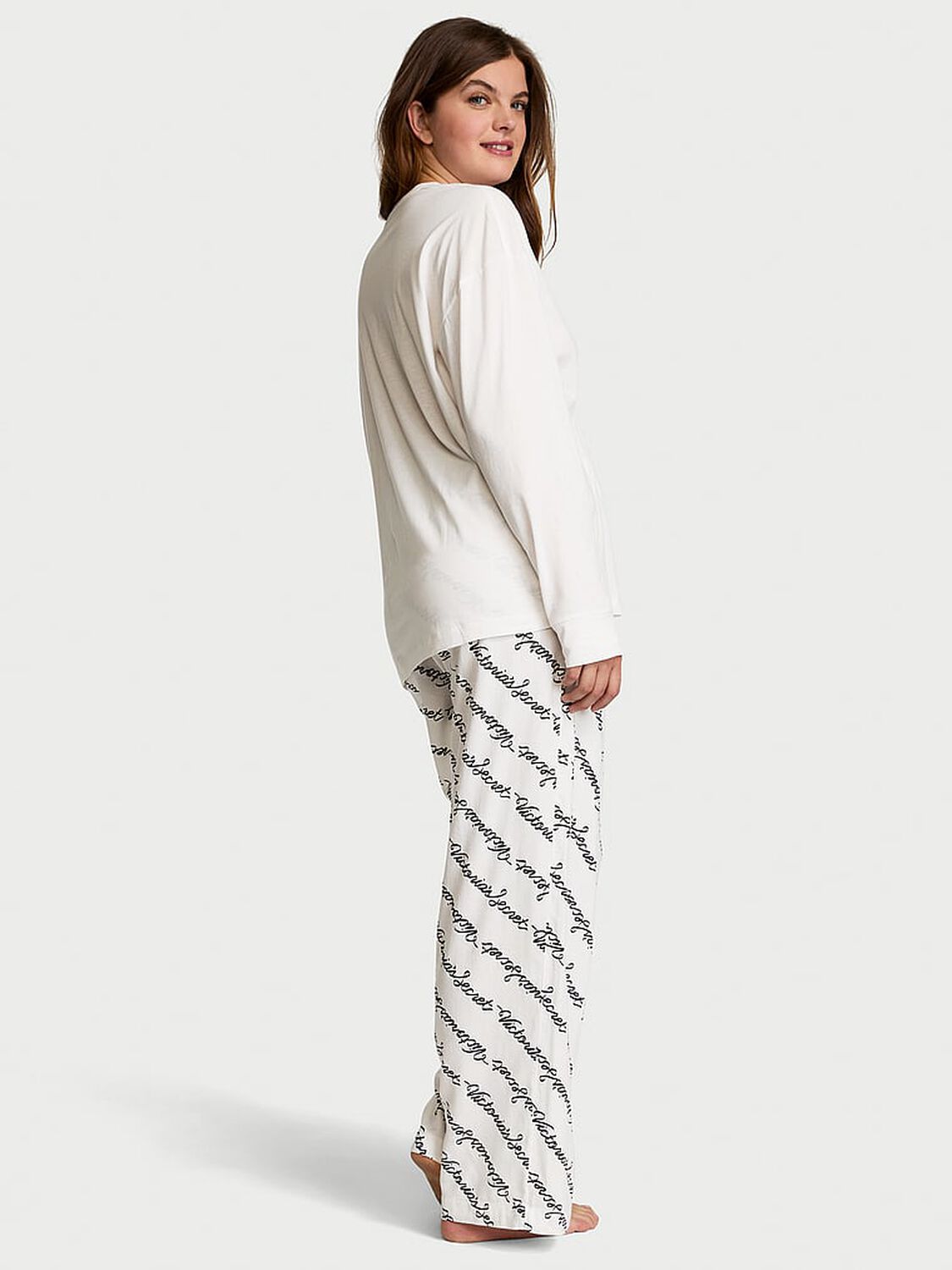vs Victoria's Secret Flannel Long-Sleeve Tee-Jama Set White Ribbon Script 2 of 4 