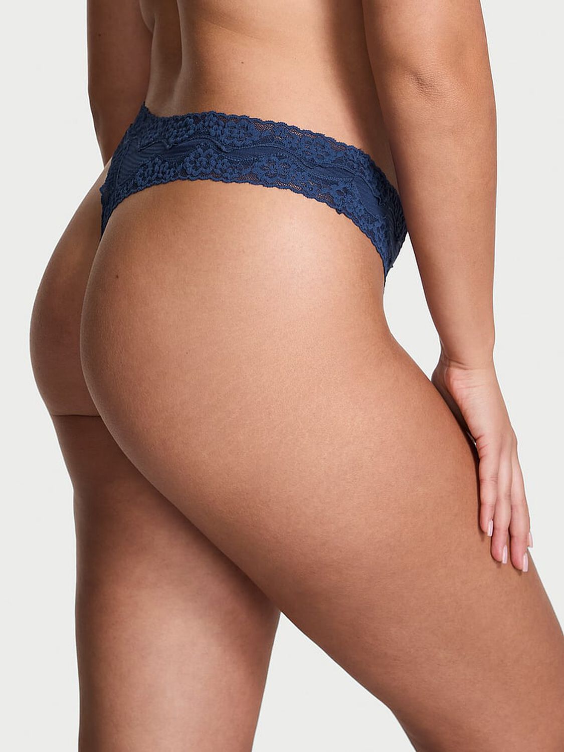 vs Lace Trim Cotton Shadow Stripe Lace-Waist Thong Panty Ink Blue 2 of 2 