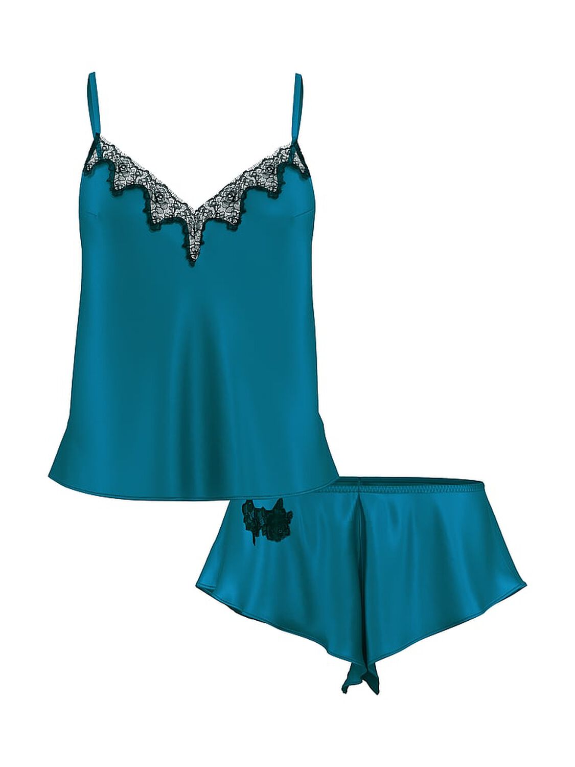 vs Victoria's Secret Satin Rose Lace-Trim Cami & Flutter Short Set Jade 1 of 3 