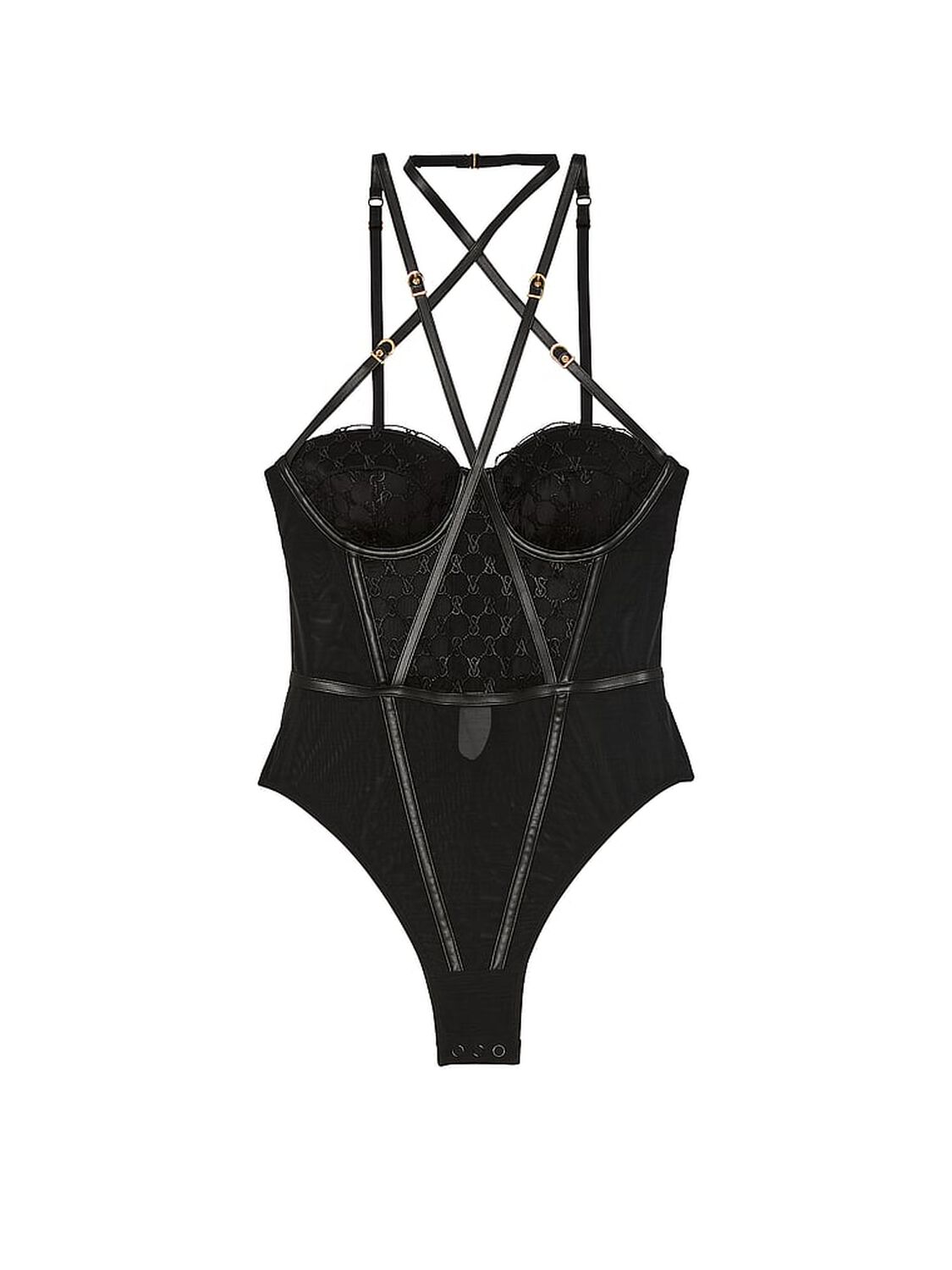 vs Very Sexy VS Logo Embroidery Balconette Faux-Leather Trim Teddy 3 of 4 
