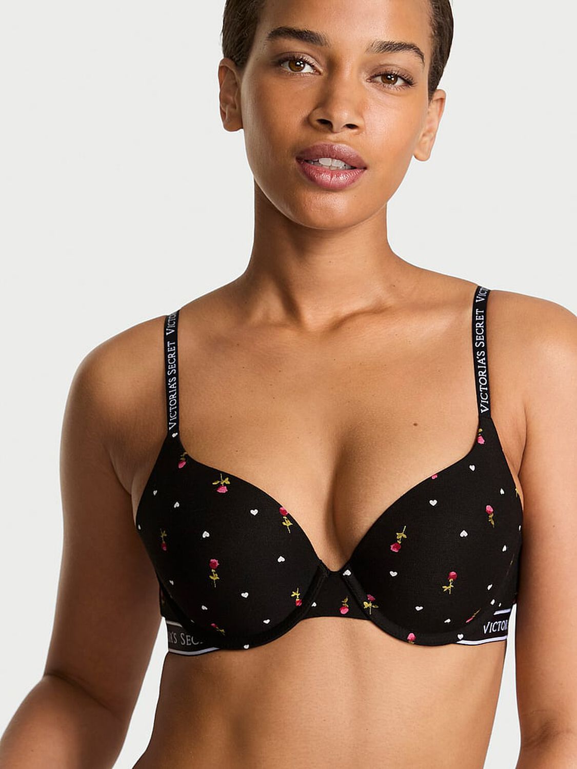 vs The T-Shirt Perfect Shape Cotton Push-Up Bra Black Heart Roses 1 of 3 