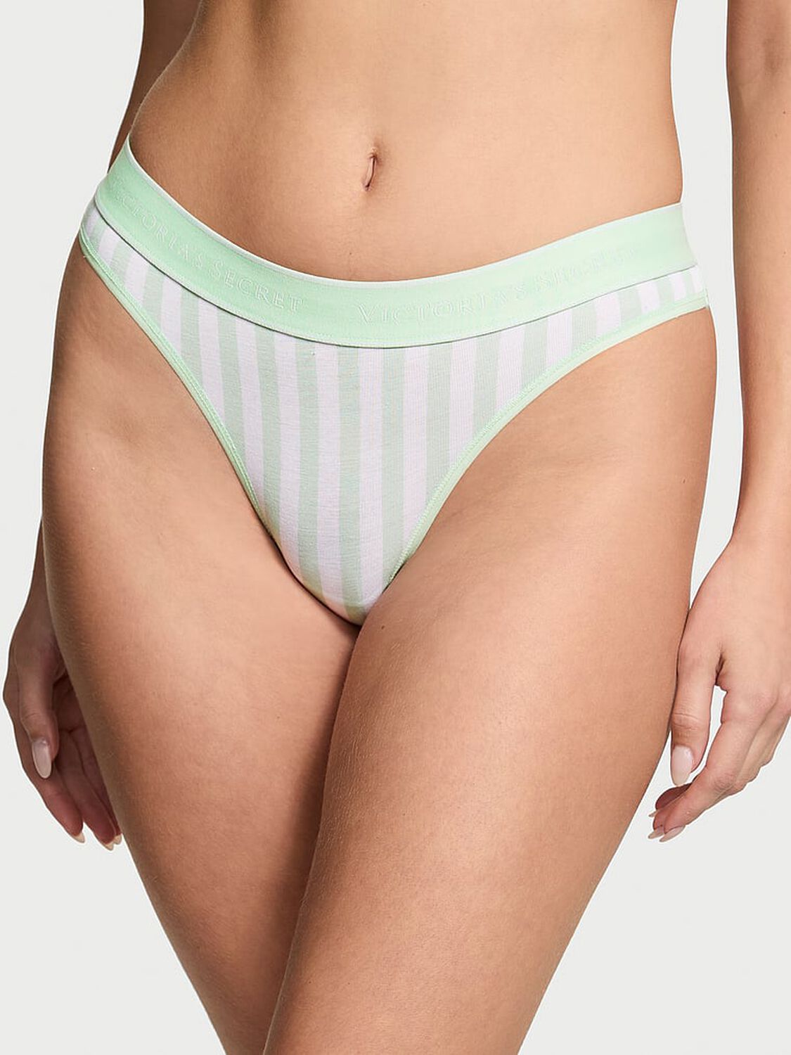 vs Cotton Logo Cotton Thong Panty Sweet Mint Stripes 1 of 3 