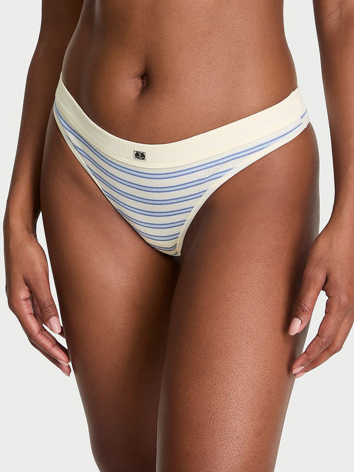vs Cotton Cotton Rib Logo Hardware Thong Panty Cream Stripe 1 of 2 