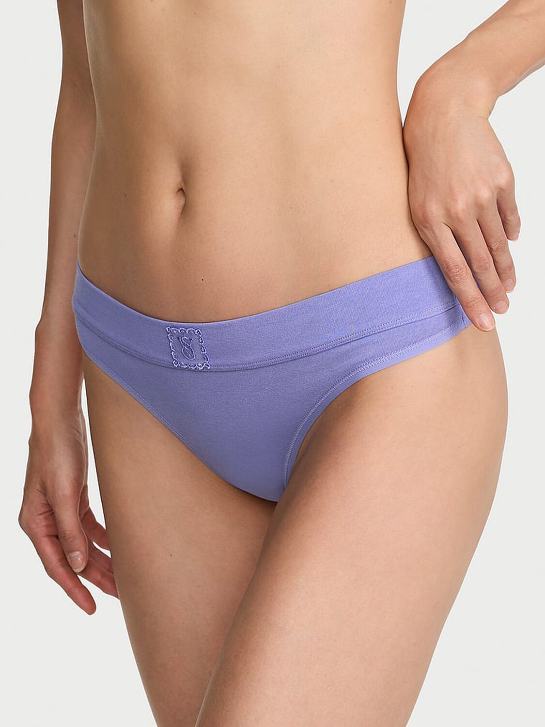 vs Cotton Logo Cotton Lace Patch Thong Panty Very Winkle 1 of 2 