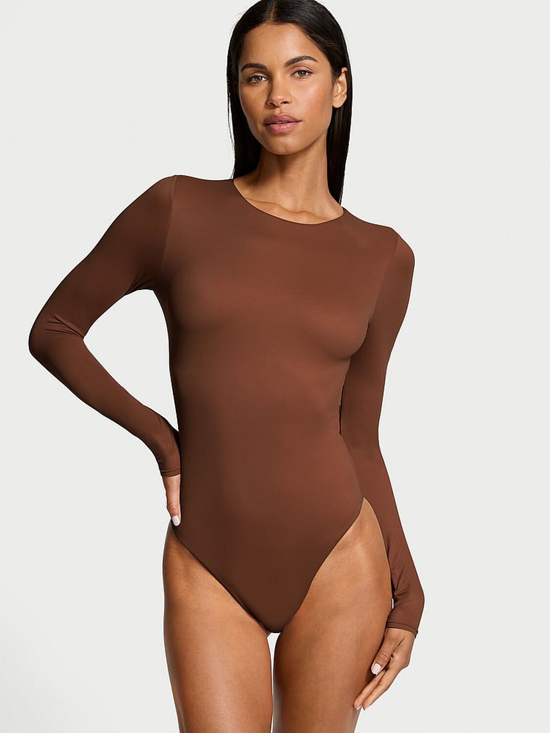 vs Victoria's Secret Bodywear by Victoria with FeatherSoft&trade; Innovation Long-Sleeve Bodysuit Ganache 1 of 3 