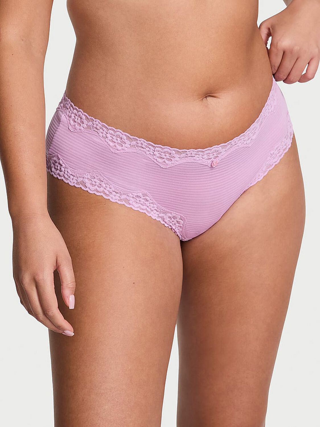 vs Lace Trim Cotton Shadow Stripe Lace-Waist Cheeky Panty Bikini Pink 1 of 2 