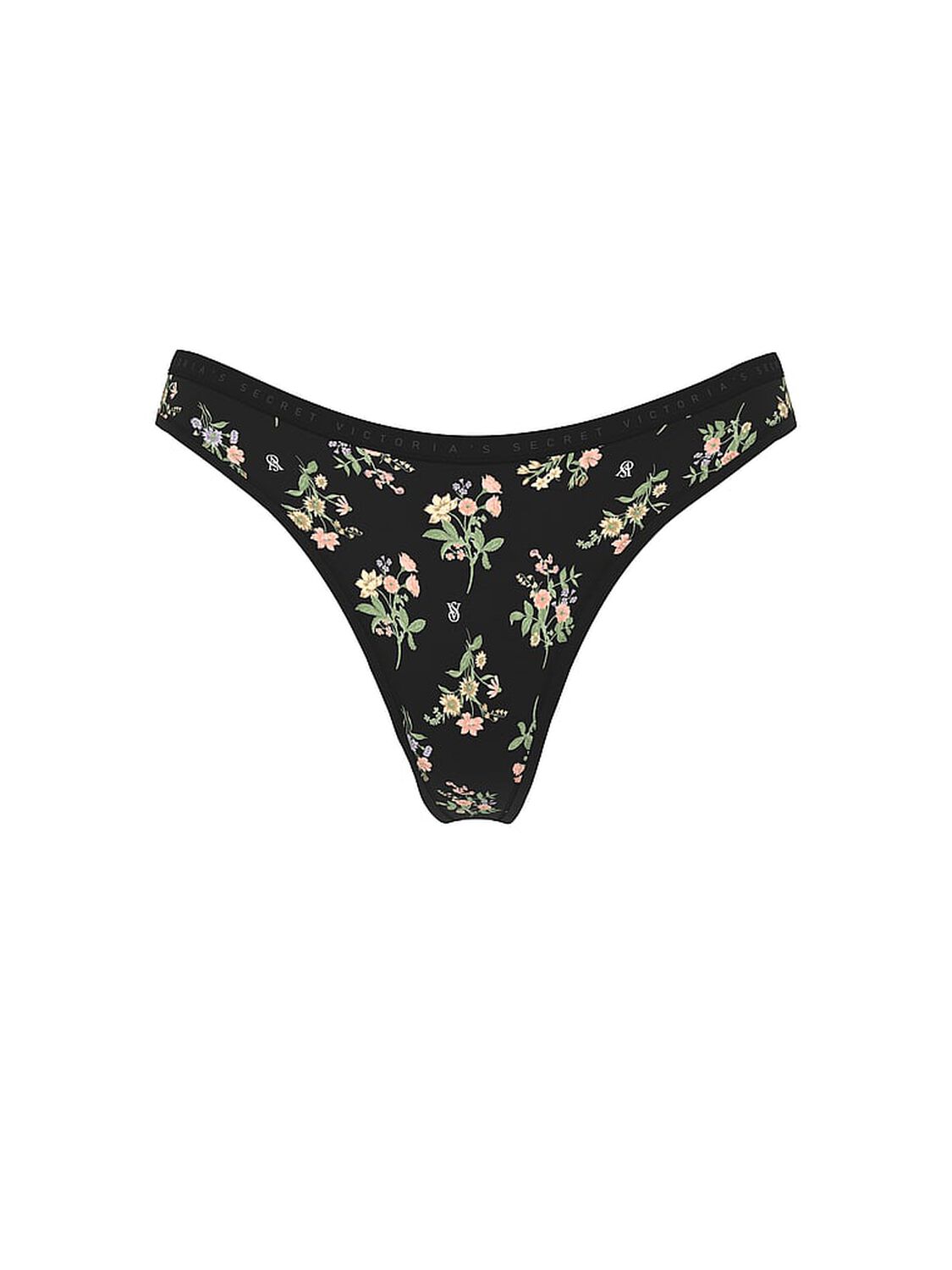 vs Victoria's Secret Stretch Cotton High-Leg Scoop Thong Panty Black Floral Bouquets 3 of 3 