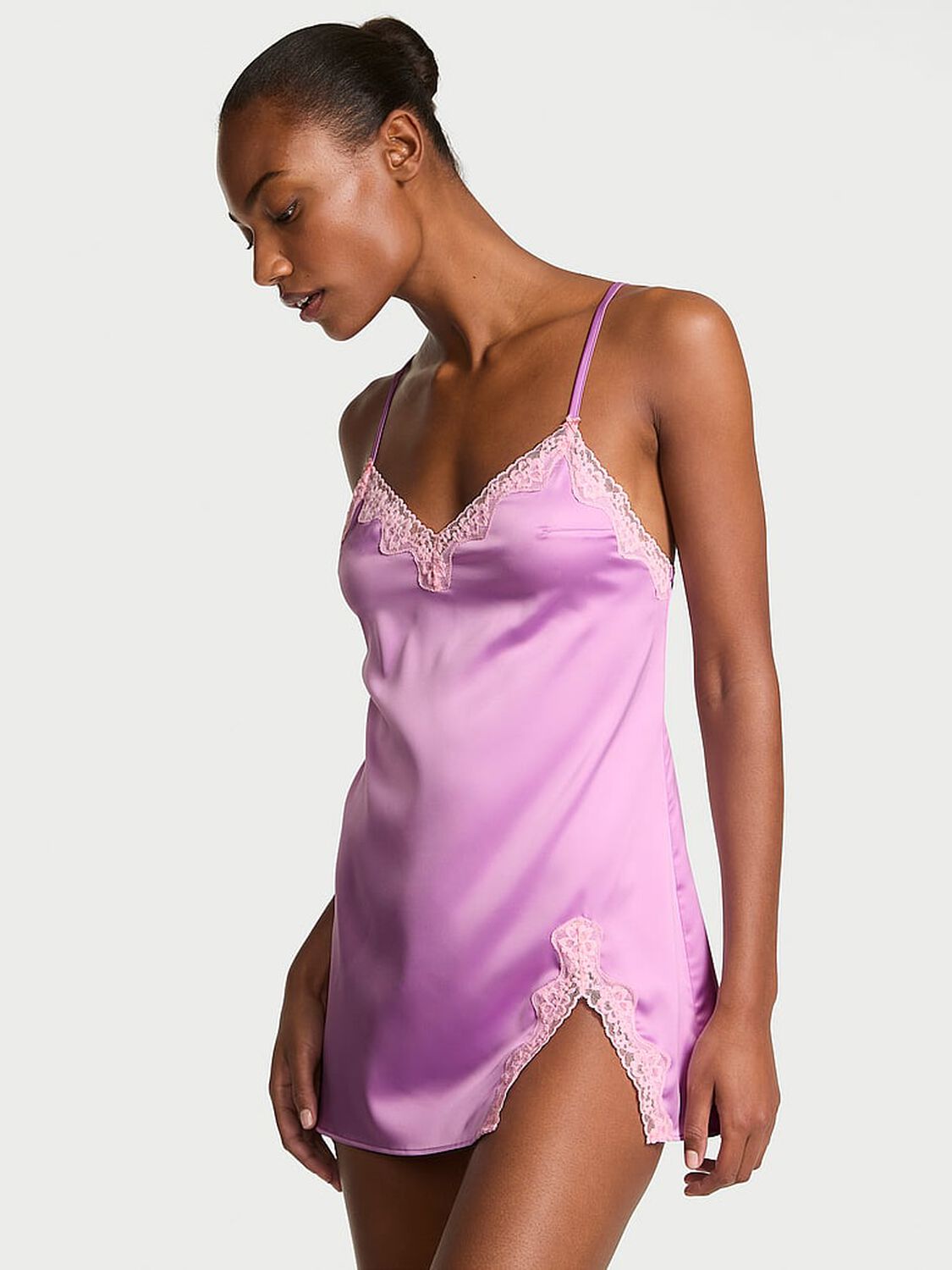 vs Victoria's Secret Tease Satin Lace-Trim Mini Slip Light Lilac 1 of 3 