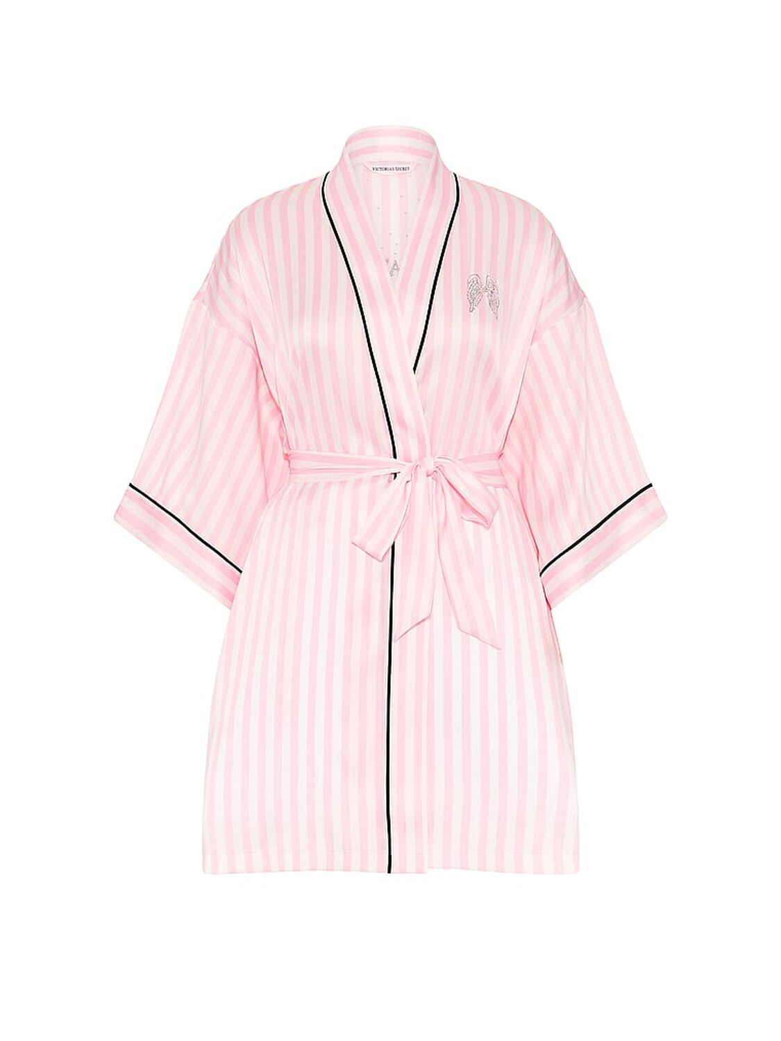 vs Victoria's Secret Signature Satin Short Piped Robe Pink Heritage Stripes 3 of 3 