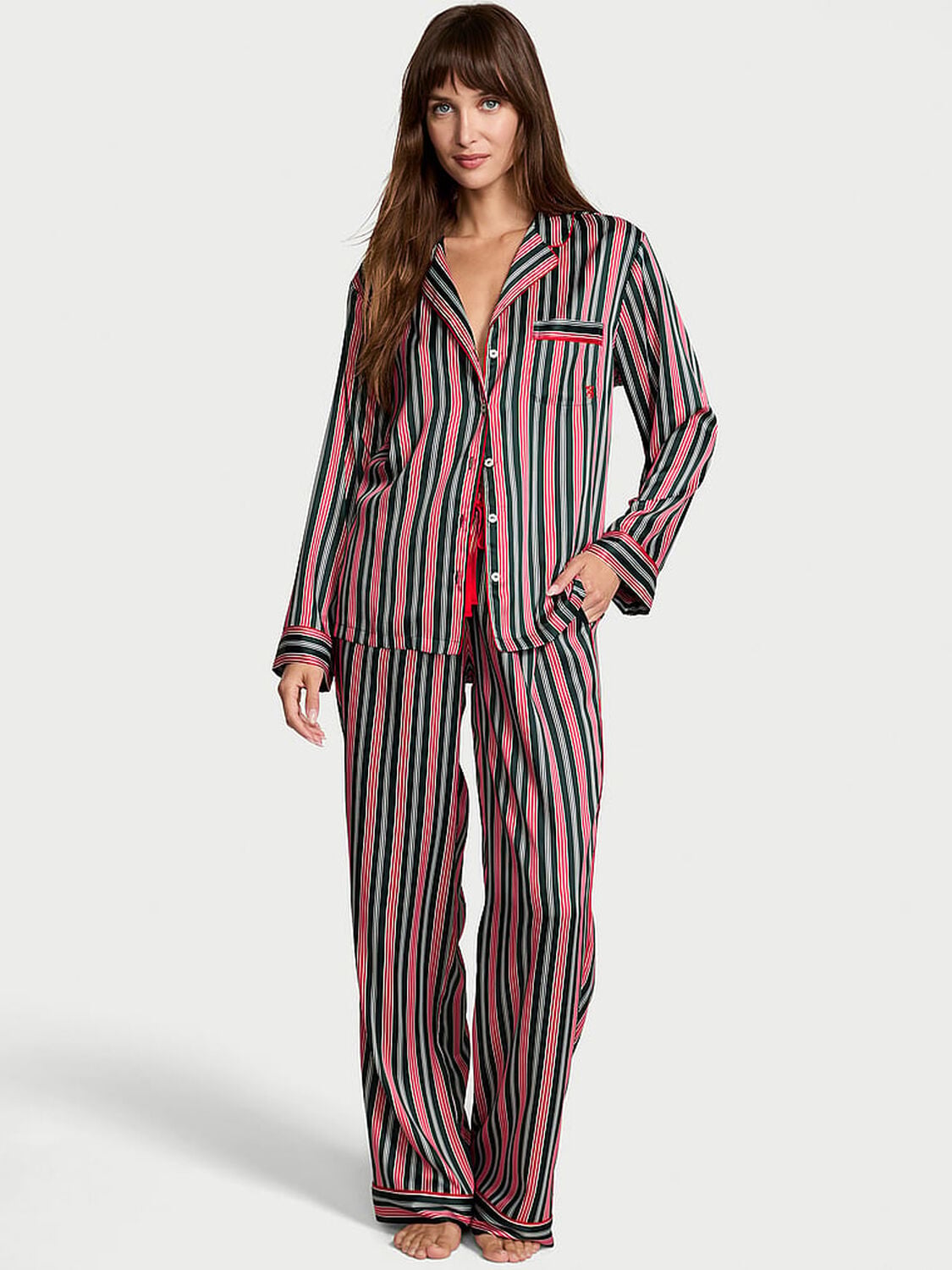 vs Victoria's Secret Glazed Satin Long Pajama Set Festive Red & Green Stripe 1 of 2 