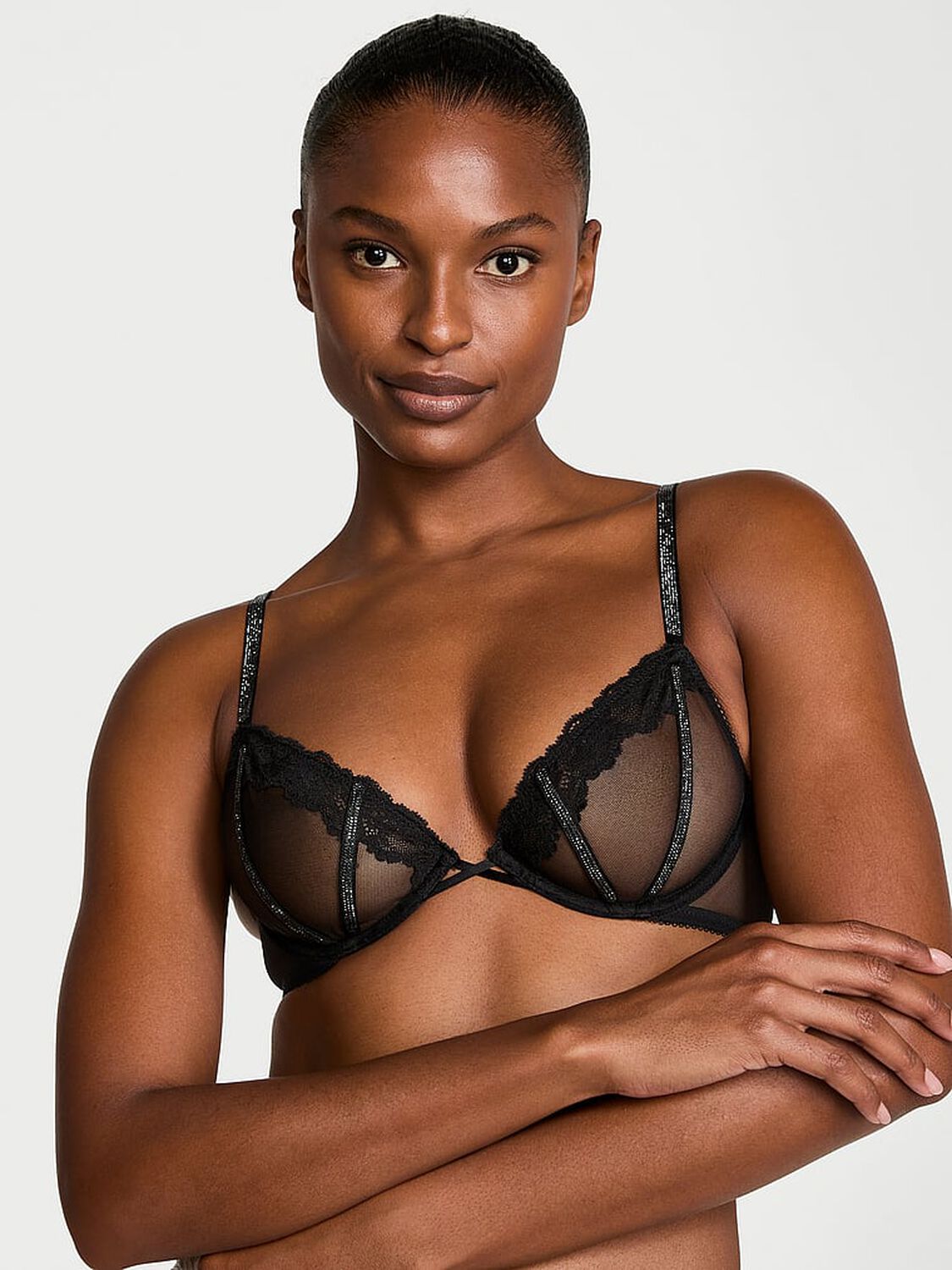vs Very Sexy Sheer Shine Rose Unlined Low-Cut Demi Bra Black 1 of 2 