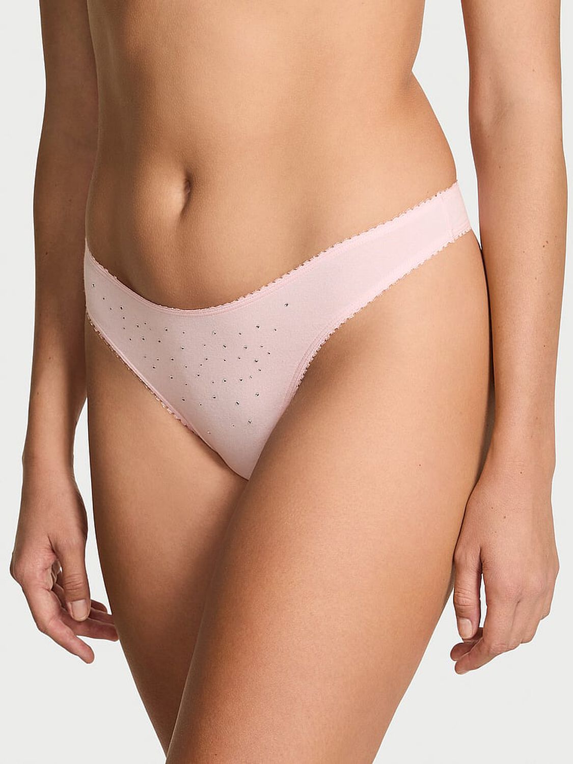 vs Victoria's Secret Stretch Cotton Sparkle High-Leg Scoop Thong Panty Angel Pink 1 of 2 