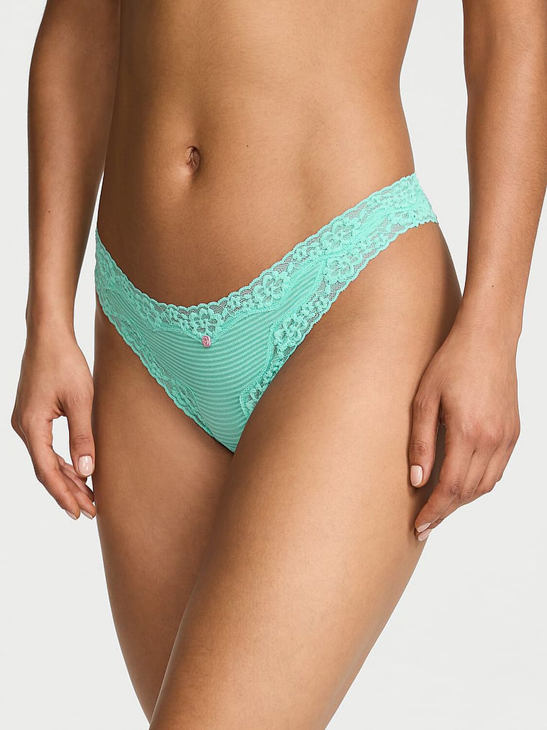 vs Lace Trim Cotton Shadow Stripe Lace-Waist Thong Panty Scuba Blue 1 of 2 