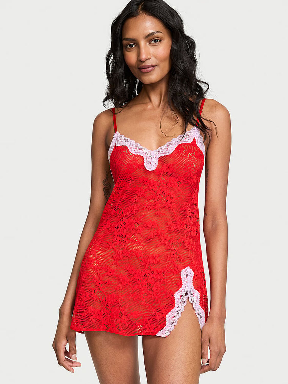 vs Victoria's Secret Tease Lace Mini Slip Dress Bright Vermillion 1 of 4 