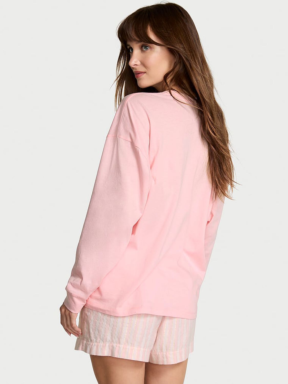 vs Victoria's Secret Flannel Long-Sleeve Short Tee-Jama Set Core Lurex Stripe Coconut White/Pretty Blossom Yd 1 of 3 