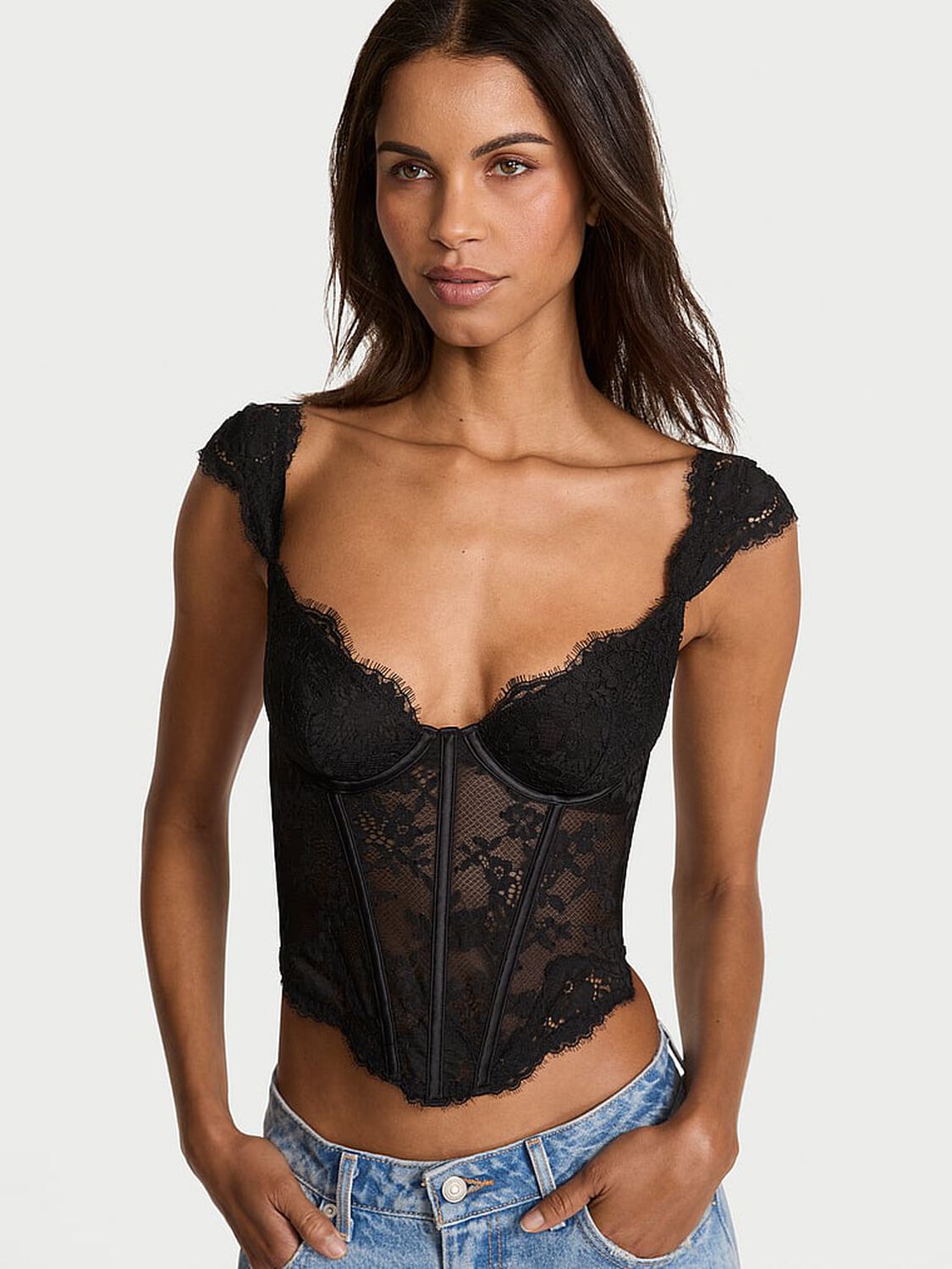vs Dream Angels Lace Cap-Sleeve Corset Top Black 1 of 3 