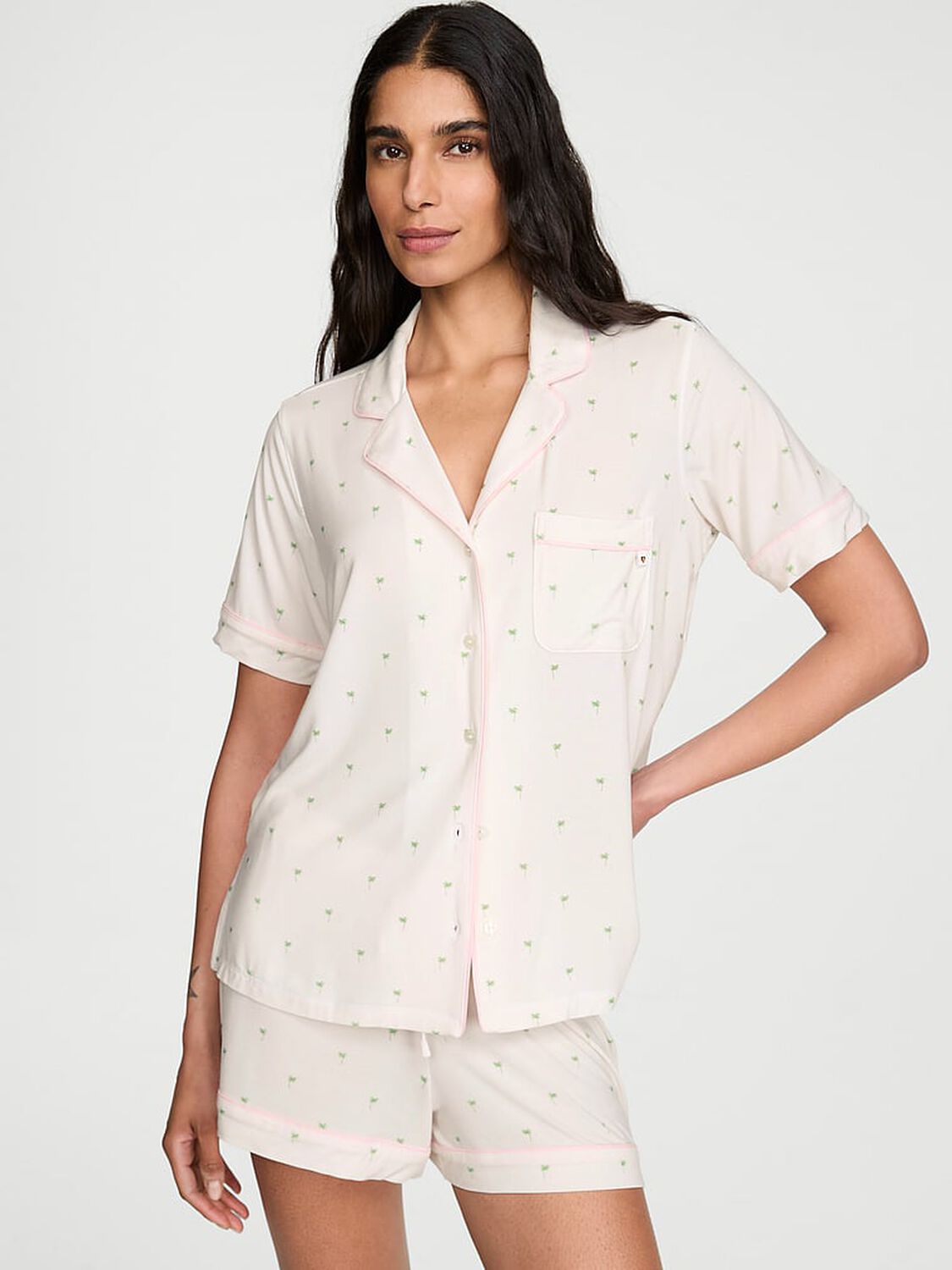 vs Victoria's Secret SoSoft&trade; Modal Short Pajama Set Mini Palm Print W Angel Pink Piping 1 of 2 
