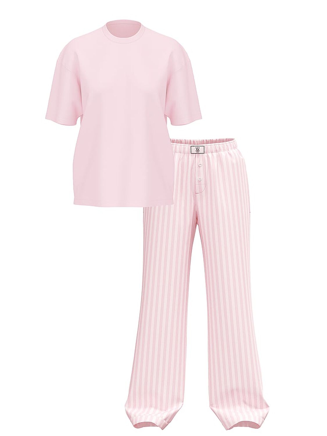 vs Victoria's Secret Flannel Short-Sleeve Long Tee-Jama Set Core Lurex Stripe Coconut White/Pretty Blossom 3 of 3 