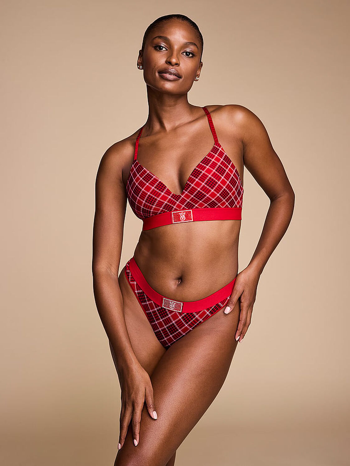 vs The T-Shirt Shine Patch Lightly Lined Wireless Bra Lipstick Plaid 4 of 4 