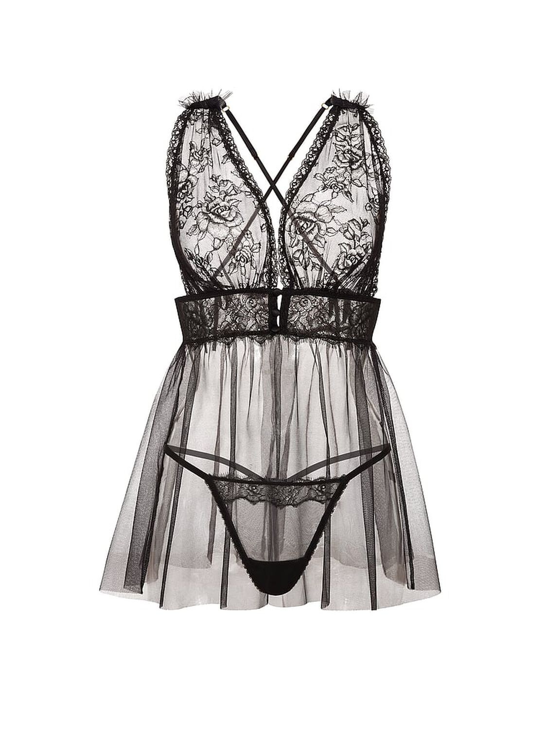 vs Very Sexy Rose Lace Plunge Babydoll Set Black 3 of 3 