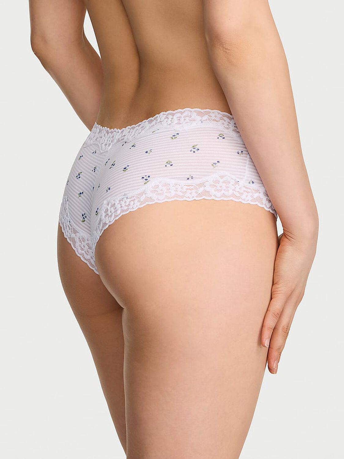 vs Lace Trim Cotton Shadow Stripe Lace-Waist Cheeky Panty White Floral 2 of 3 