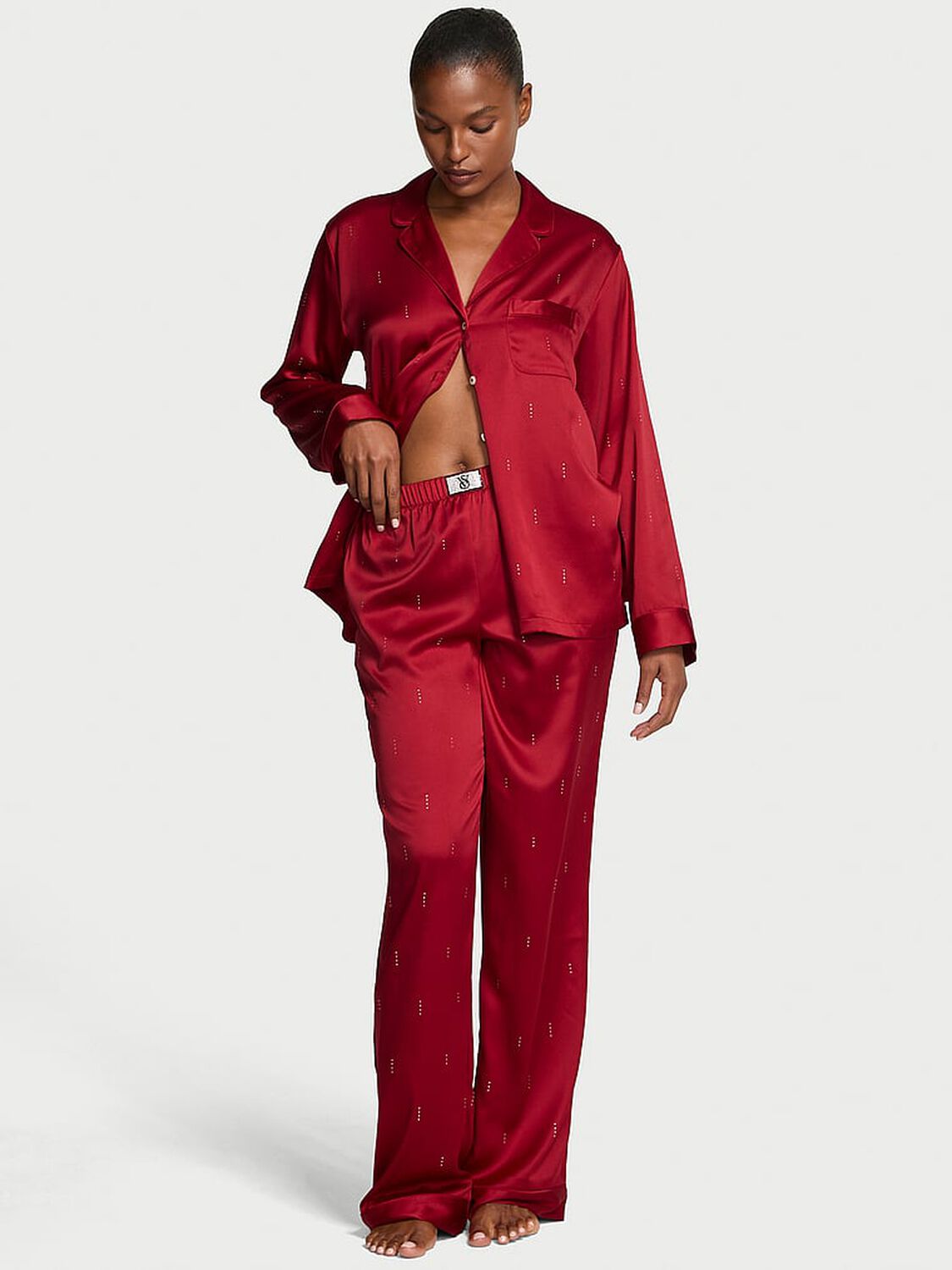 vs Victoria's Secret Glazed Satin Shine Long Pajama Set Red Lacquer Waterfall Sequin 1 of 3 