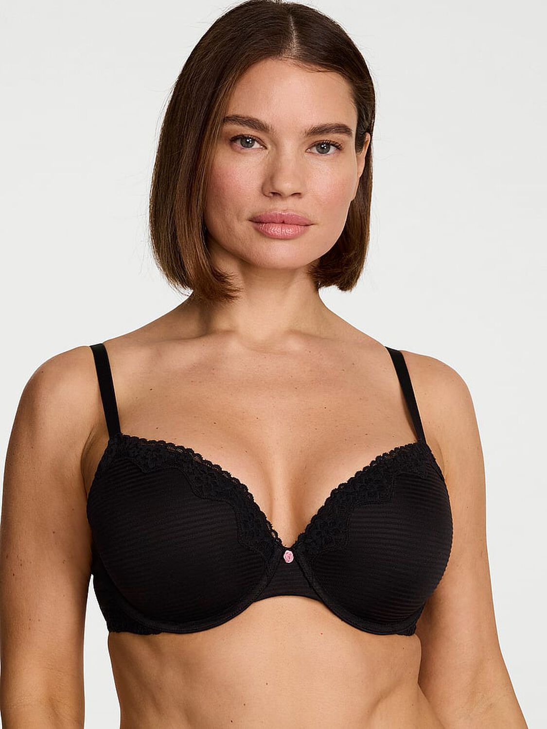 vs The T-Shirt Perfect Shape Cotton Shadow Stripe Lace-Trim Push-Up Bra Black 1 of 2 