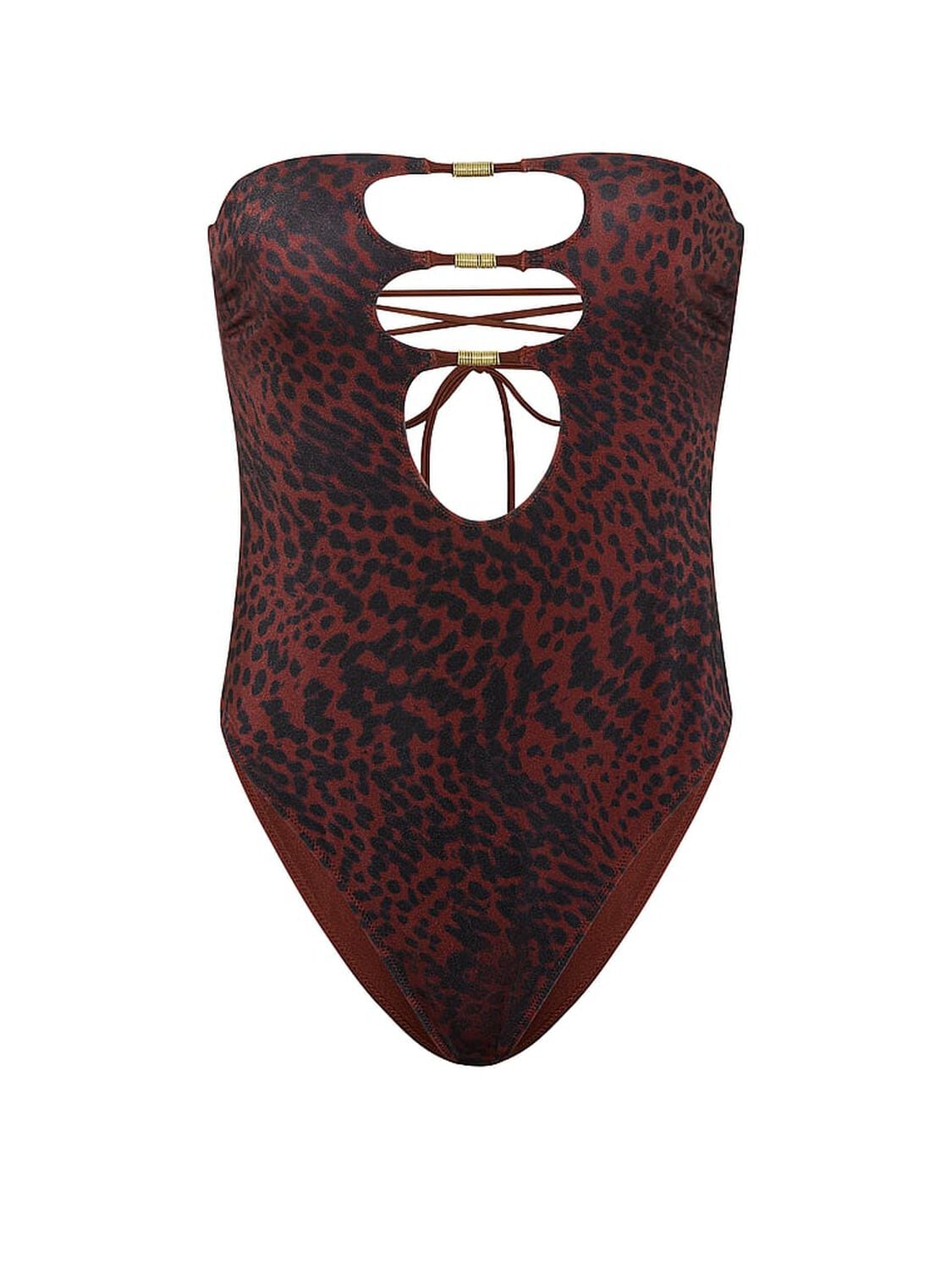 vs Victoria's Secret Swim Reversible Cut-Out Rings Strapless One-Piece Swimsuit Dark Chili Cheetah 3 of 4 