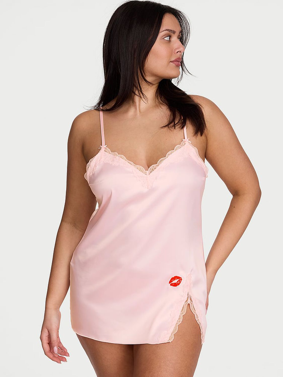 vs Victoria's Secret Tease Satin Lace-Trim Mini Slip Dress Angel Pink 1 of 3 