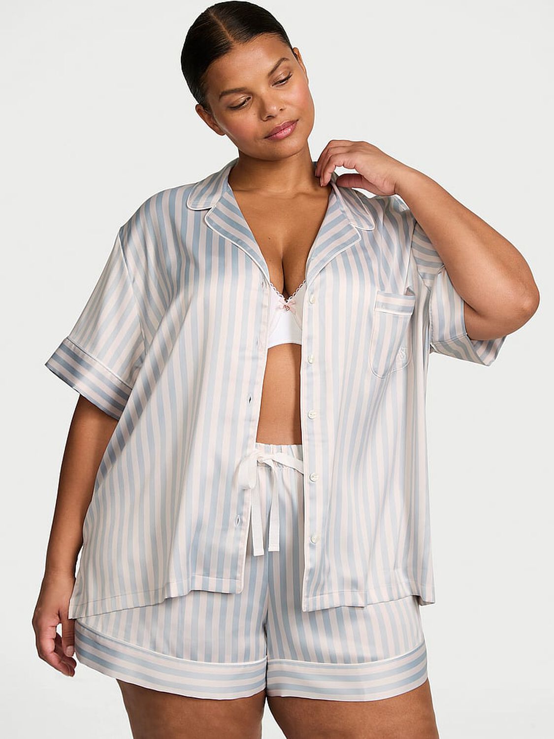 vs Victoria's Secret Glazed Satin Short Pajama Set Grey Fog Stripe 3 of 3 