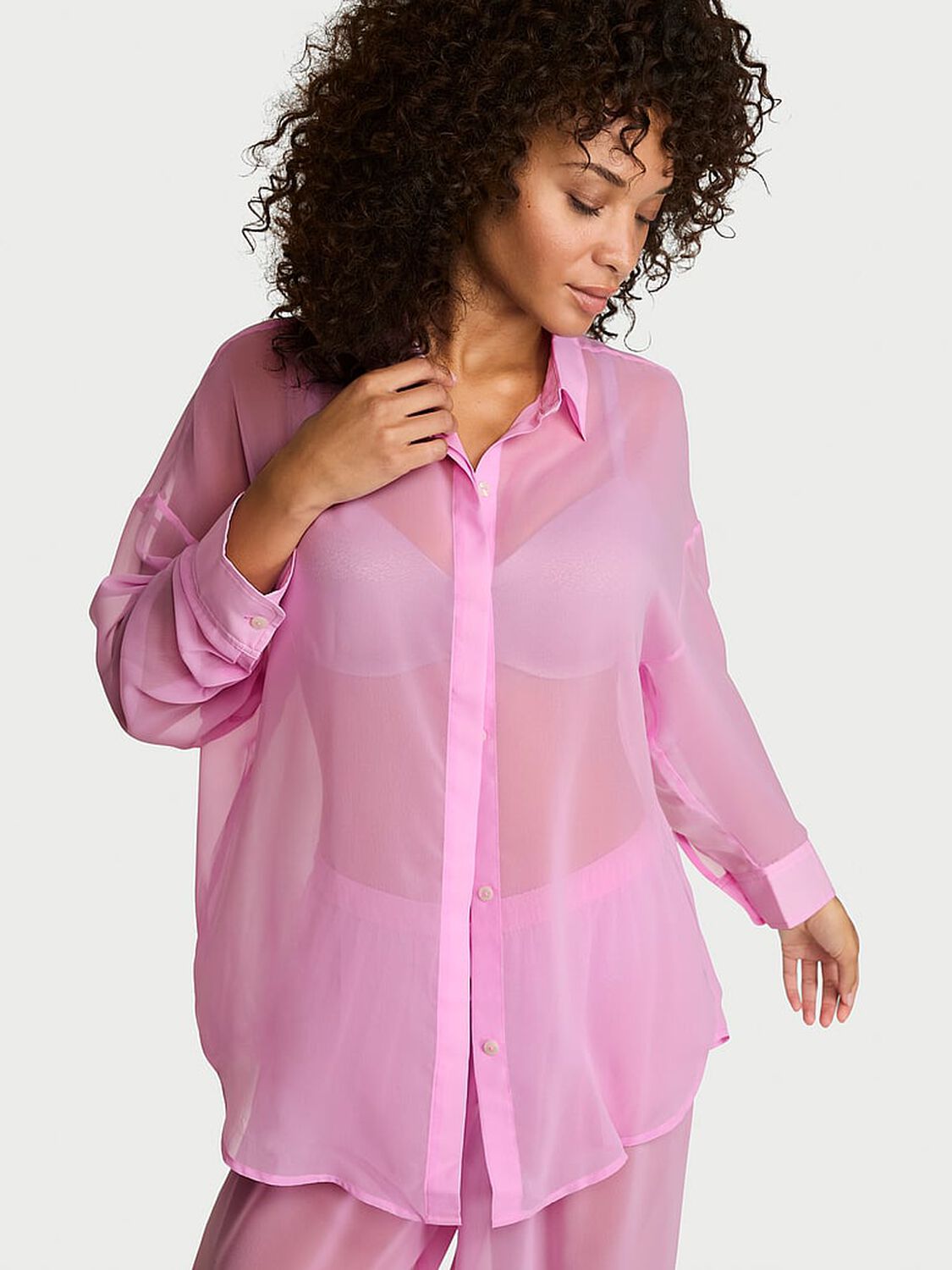 vs Victoria's Secret Chiffon Button-Front Shirt Lilac Shimmer 1 of 3 