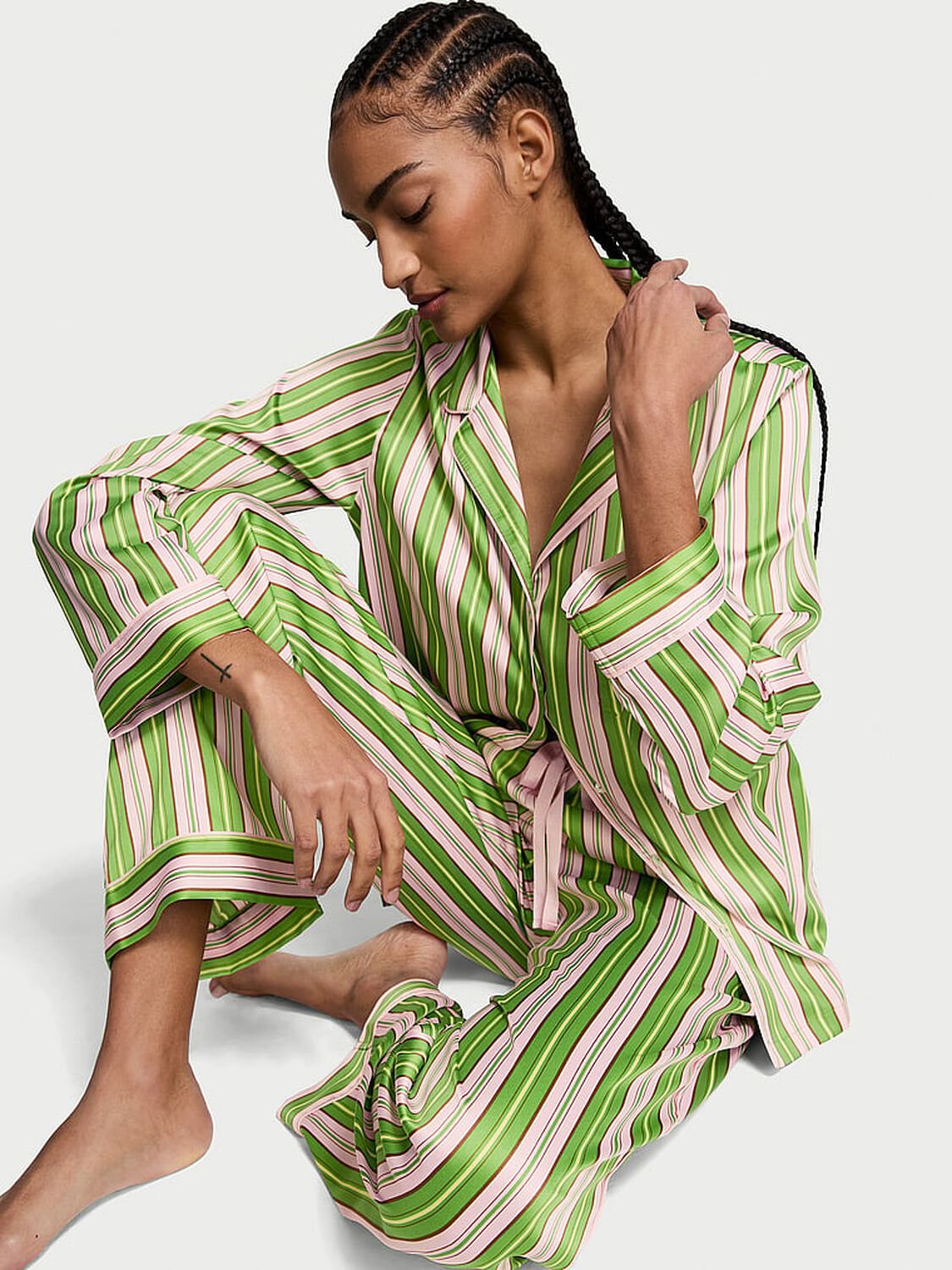 vs Victoria's Secret Glazed Satin Long Pajama Set Green Machine/Caramel Stripe 1 of 2 
