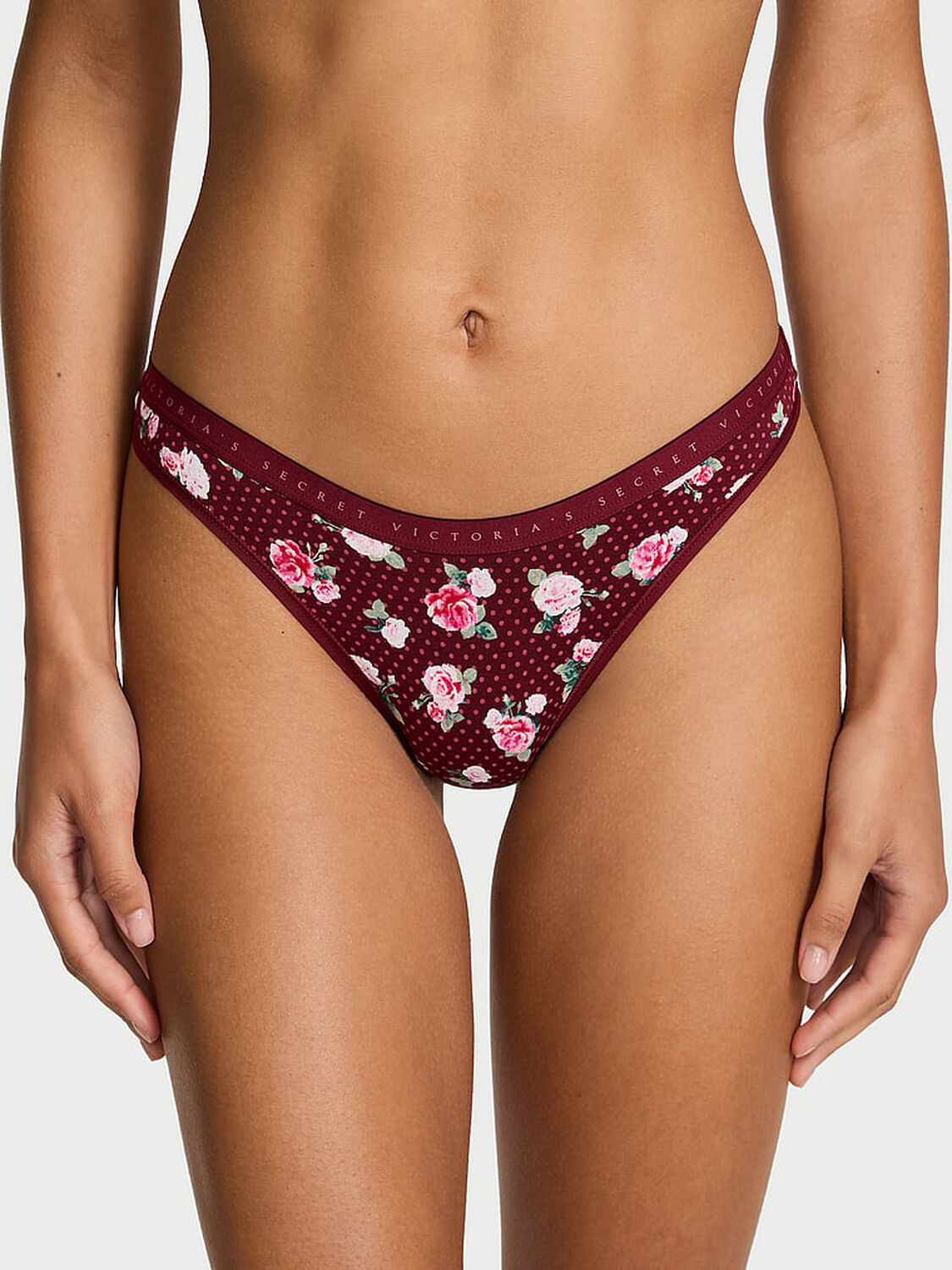 vs Victoria's Secret Stretch Cotton High-Leg Scoop Thong Panty Sangria Red Holly Floral 1 of 2 