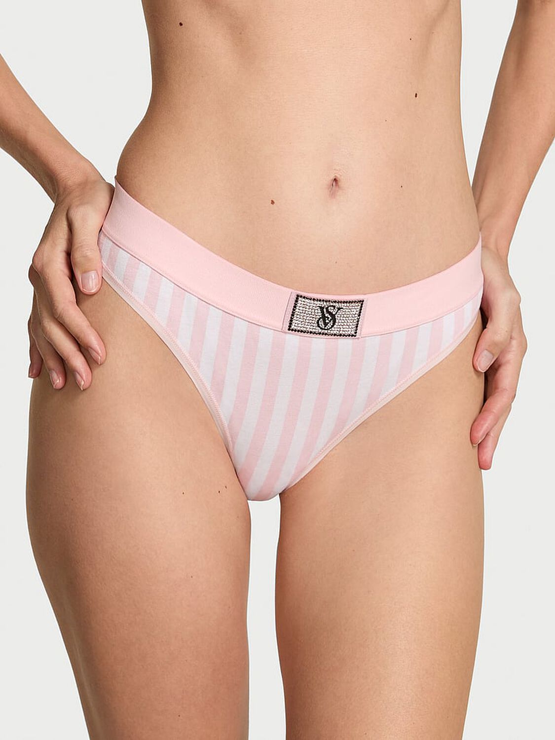 vs Cotton Logo Cotton Shine Patch Thong Panty Pink Stripes 1 of 2 