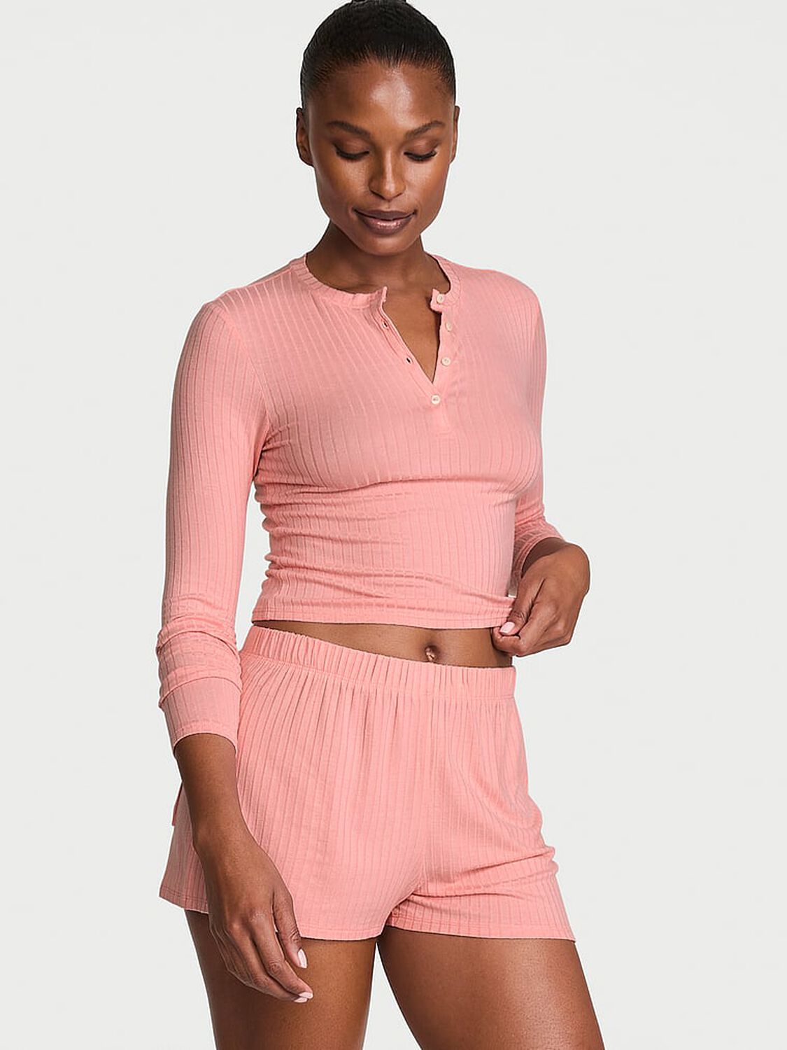 vs Victoria's Secret SoSoft&trade; Modal Wide-Rib Long-Sleeve Henley & Shorts Set Blush 1 of 3 