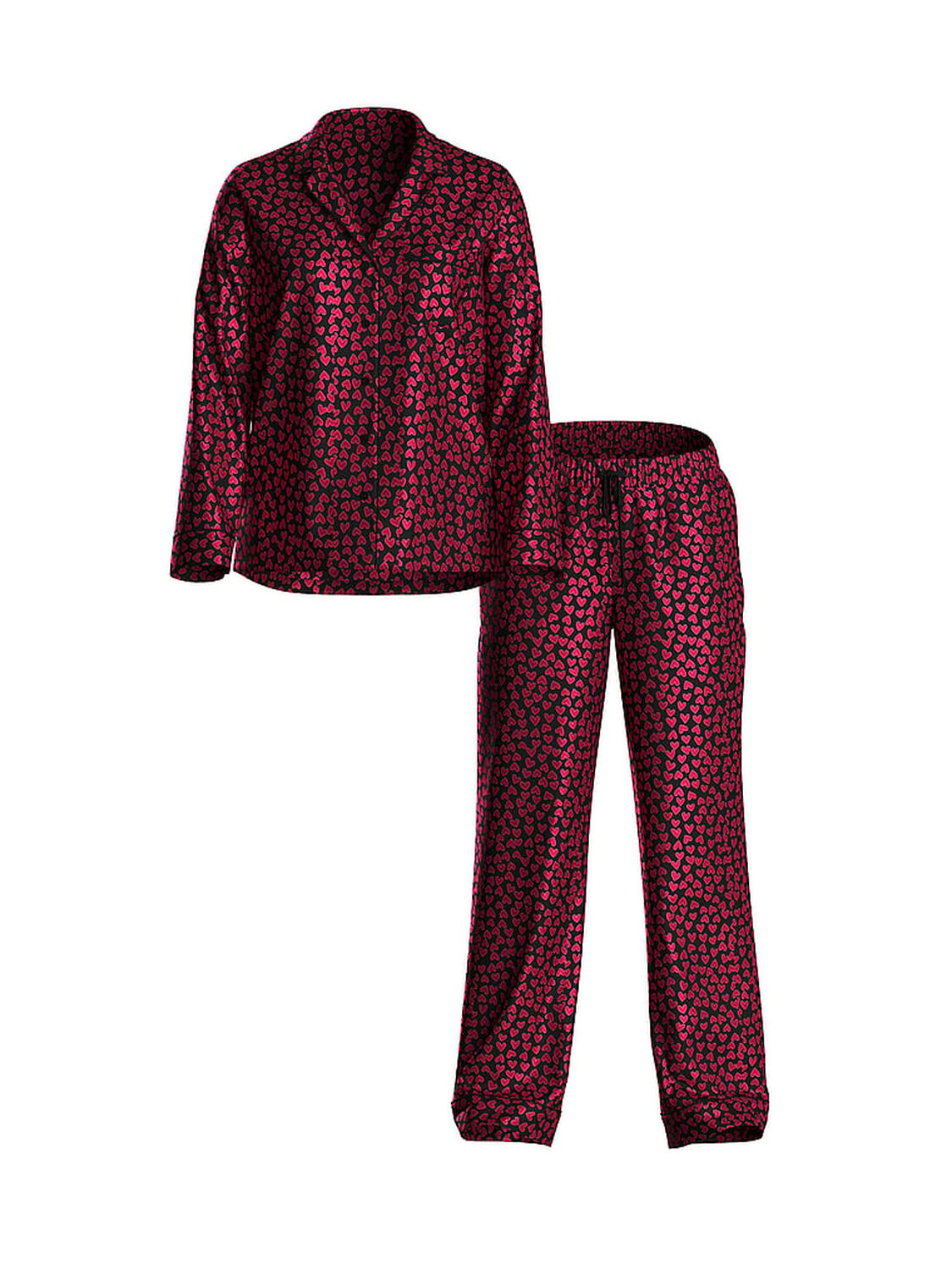 vs Victoria's Secret Glazed Satin Long Pajama Set Black/Lipstick Scattered Hearts 3 of 3 