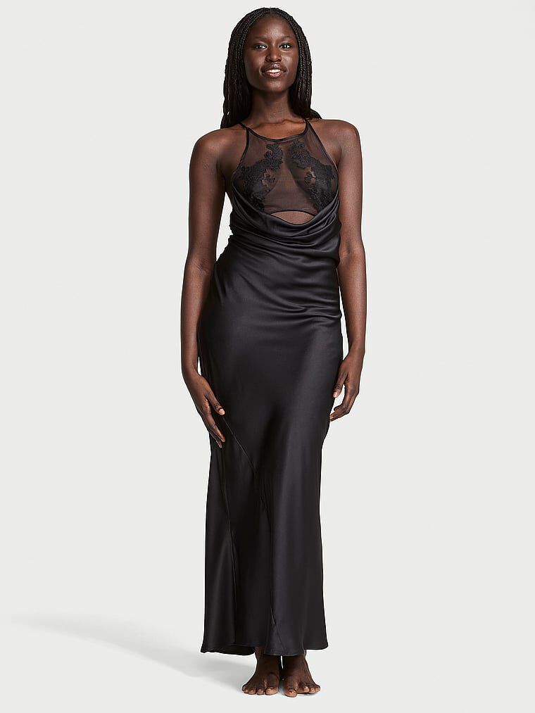 Sheer Rose Satin High-Neck Long Slip Black | Victoria's Secret
