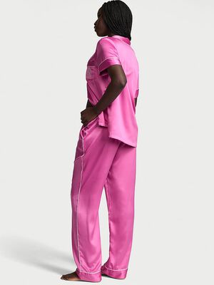 Glazed Satin Short-Sleeve Long Pajama Set