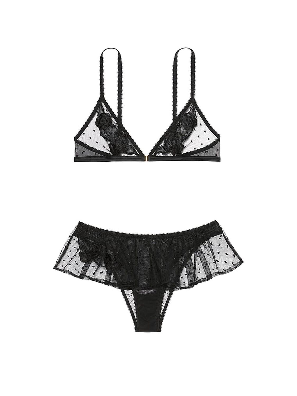 vs Victoria's Secret Sheer Rose Dot Triangle Bralette & Flutter Panty Set Black Dots 3 of 4 