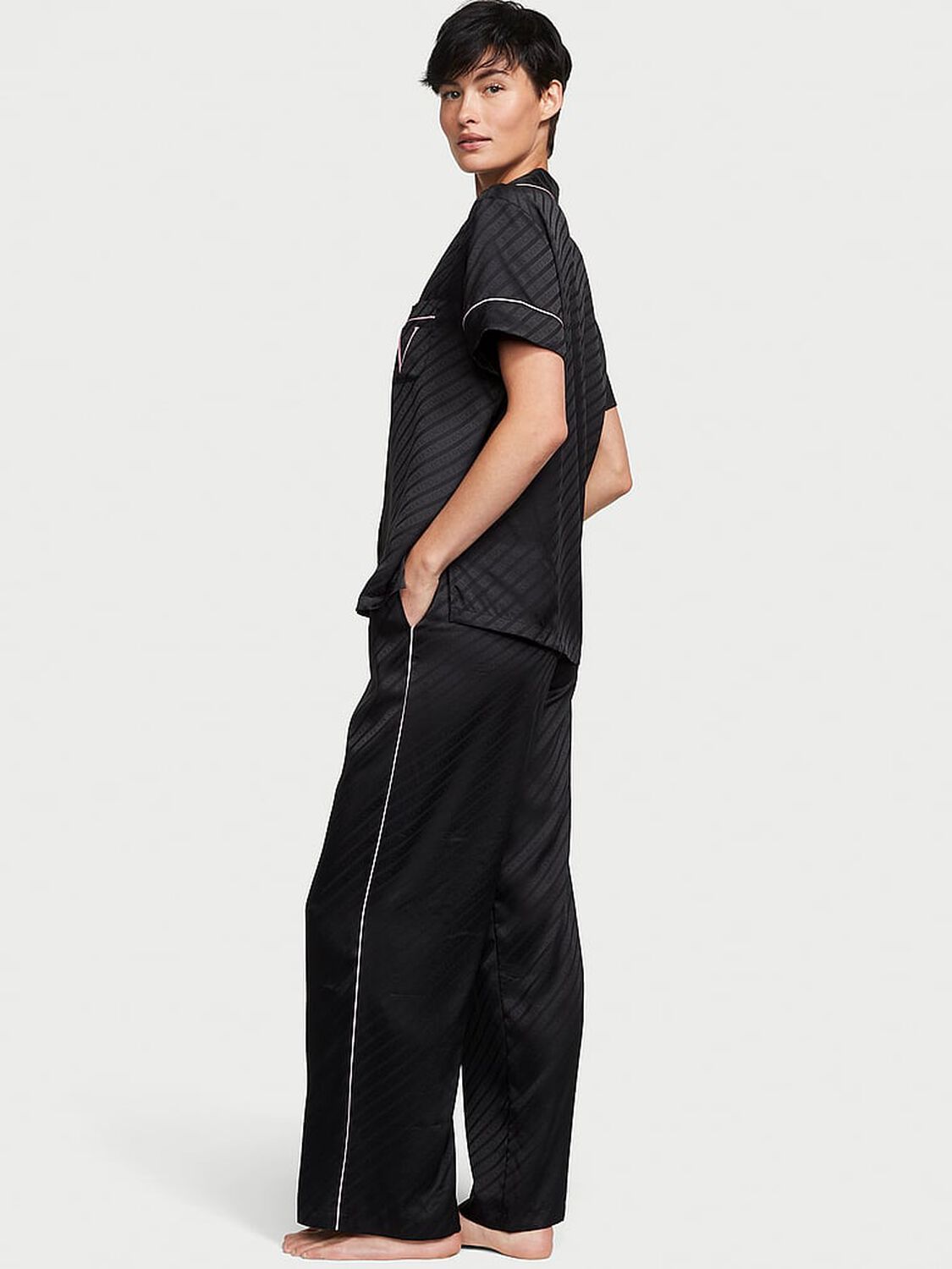 vs Victoria's Secret Satin Logo Pajama Set Black 2 of 4 