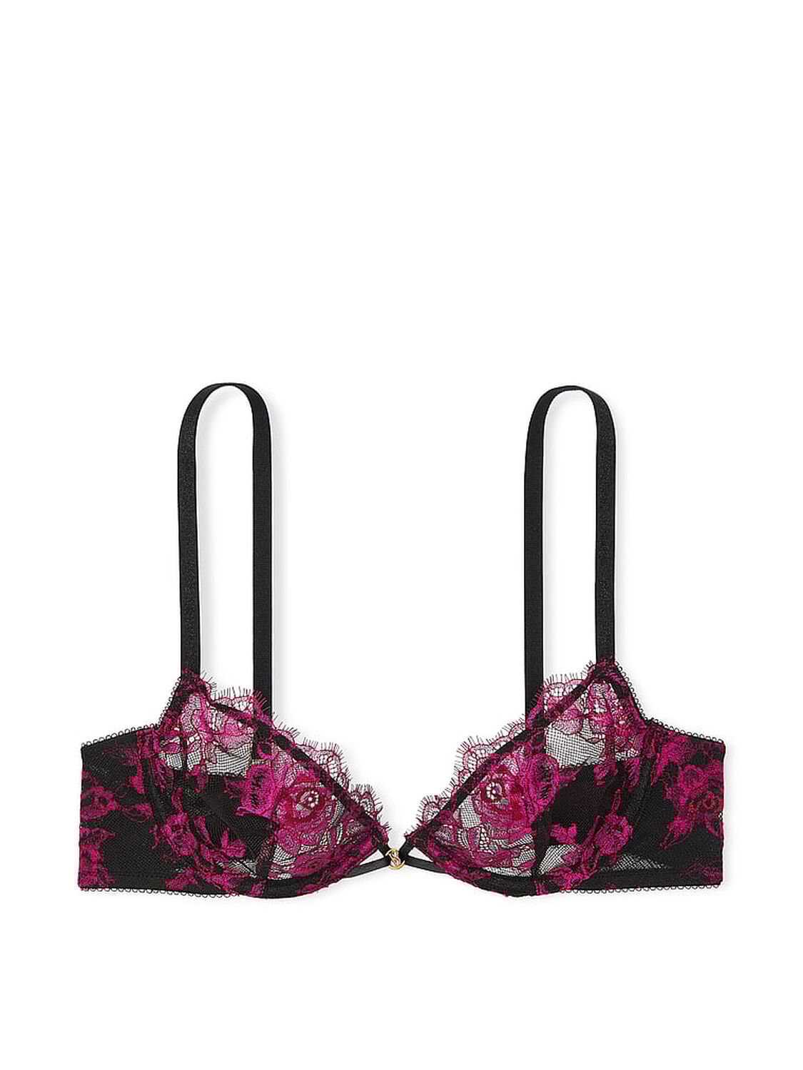 vs Very Sexy Rose Lace Unlined Low-Cut Demi Bra Black & Pink 1 of 2 