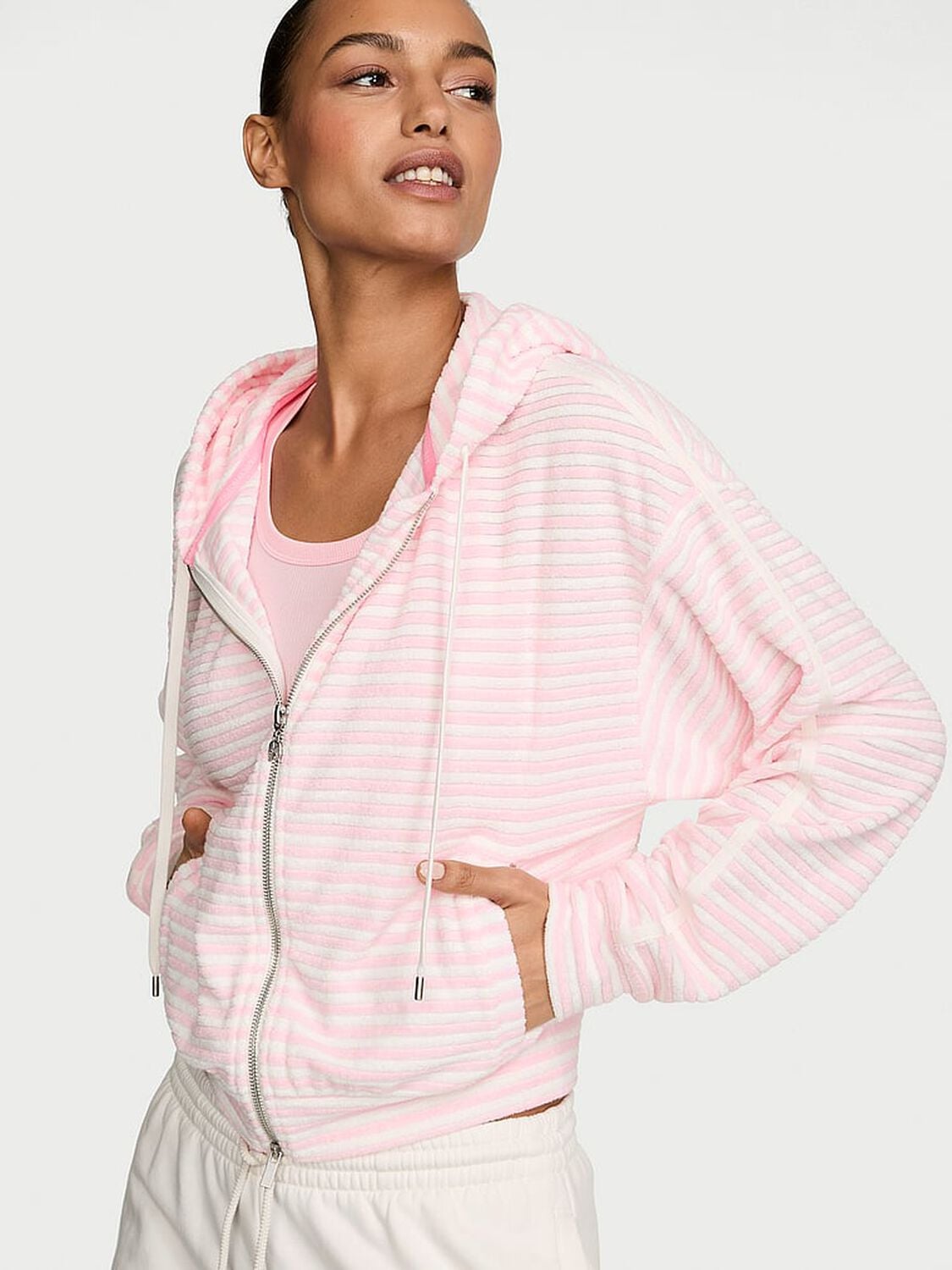 vs Angel Essentials Micro Terry Full-Zip Hoodie Pretty Blossom Stripes 1 of 3 