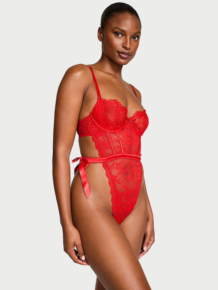 Wicked Unlined Lace Teddy Bright Vermillion XL | Victoria's Secret