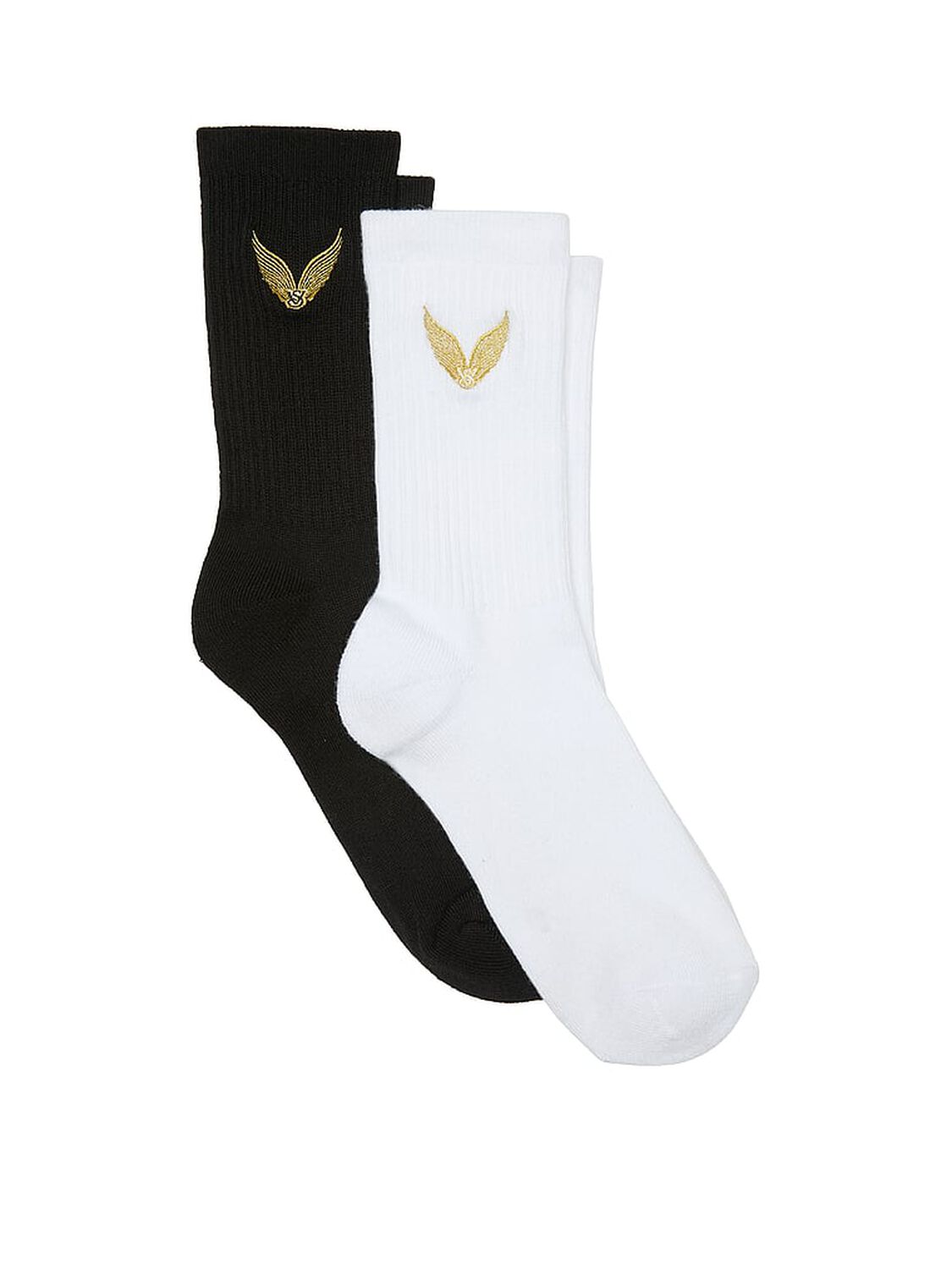vs Victoria's Secret 2-Pack Slim Slouchy Crew Socks Black And Coconut White Gold Wings 1 of 2 